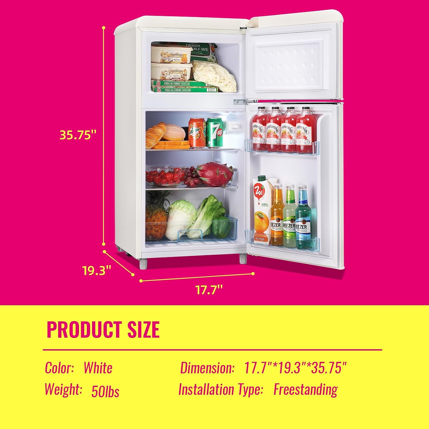 DEMULLER Retro Mini Fridge 3.5 Cu.ft Small Refrigerator with Top Freezer Compact Fridge Apartment Size Refrigerator Dual Door with Handles for Home Office Dorm