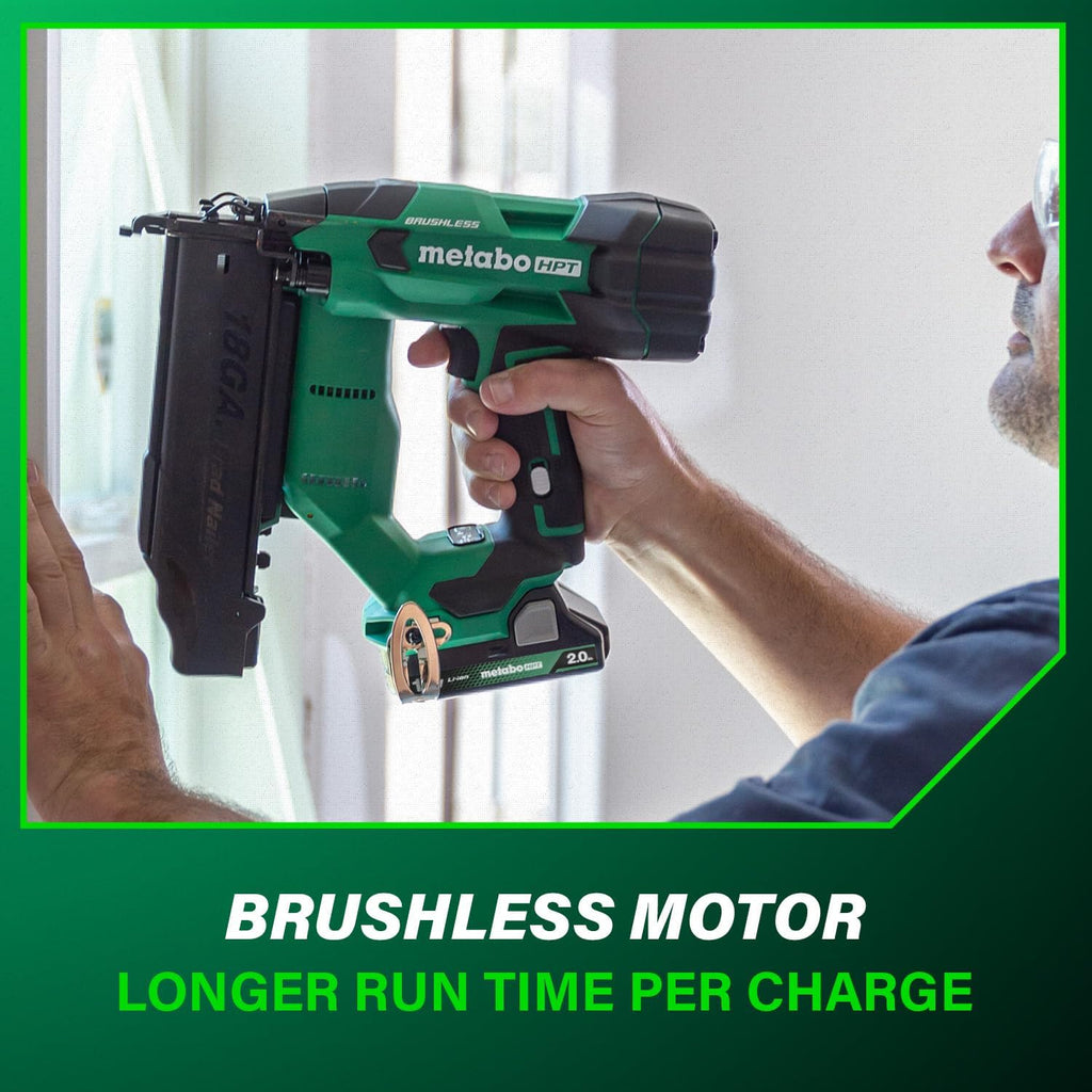 Metabo HPT 18V MultiVolt Brushless Compact Cordless Brad Nailer Kit, 18 Gauge Nailer with Power Tool 2.0Ah Lithium Ion Battery, Drives 5/8' to 2' Brad Nails, NT1850DFT