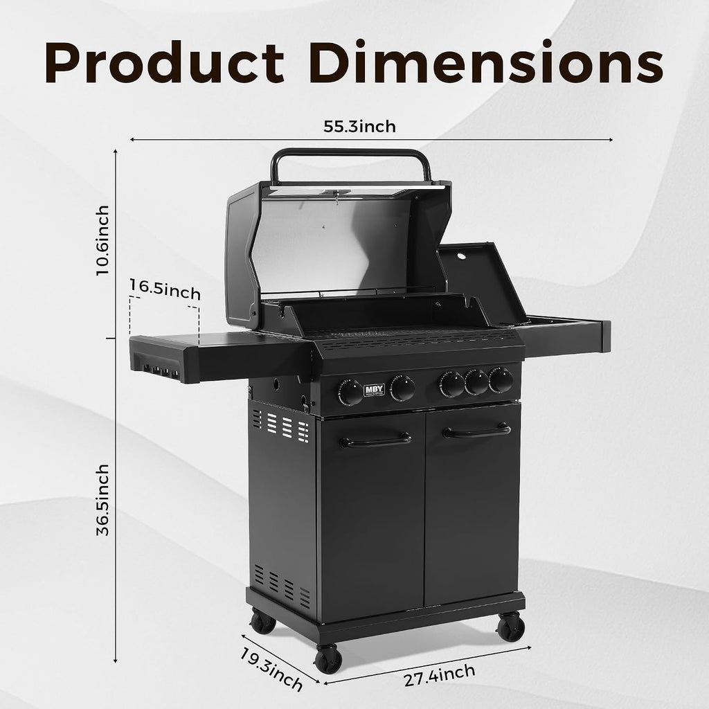 4 Burner Propane Gas Grill with 1 Side Burner, 50,000 BTU Outdoor BBQ Grill, Heavy-Duty Steel Construction, Cast Iron Cooking Grates & Griddle, Backyard Patio Barbecue