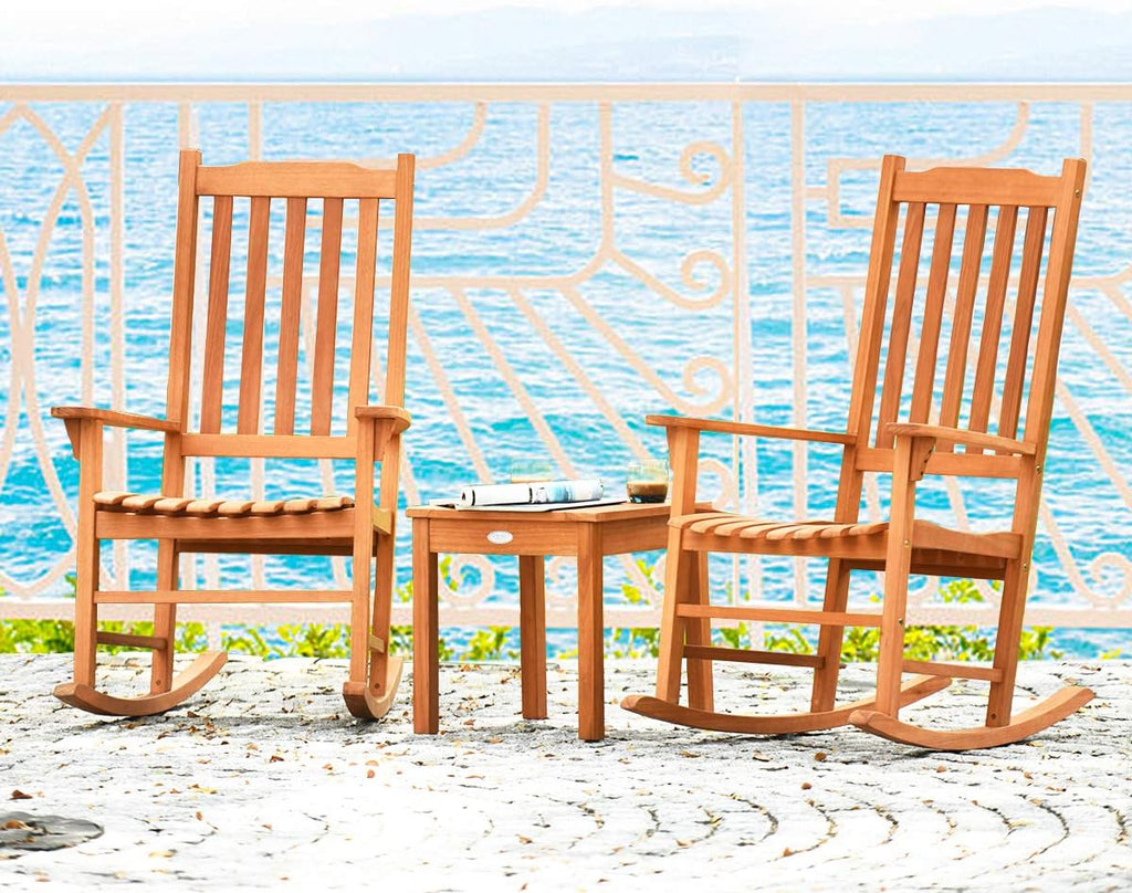 Giantex 3 Piece Patio Rocking Chair Set, Outdoor Wood Conversation Set w/ 2 Rockers & 1 Coffee Table, Eucalyptus Wooden Rocking Bistro Set for Backyard Porch Poolside Lawn