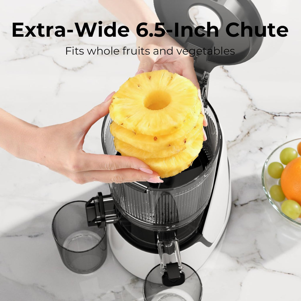 EanOruus Juicer Machines, 3-in-1 Cold Press Juicer with 6.5' Extra Large Chute, 100oz Large Capacity, AC Motor, Makes Juice, Nut Milk & Sorbet, Bright White