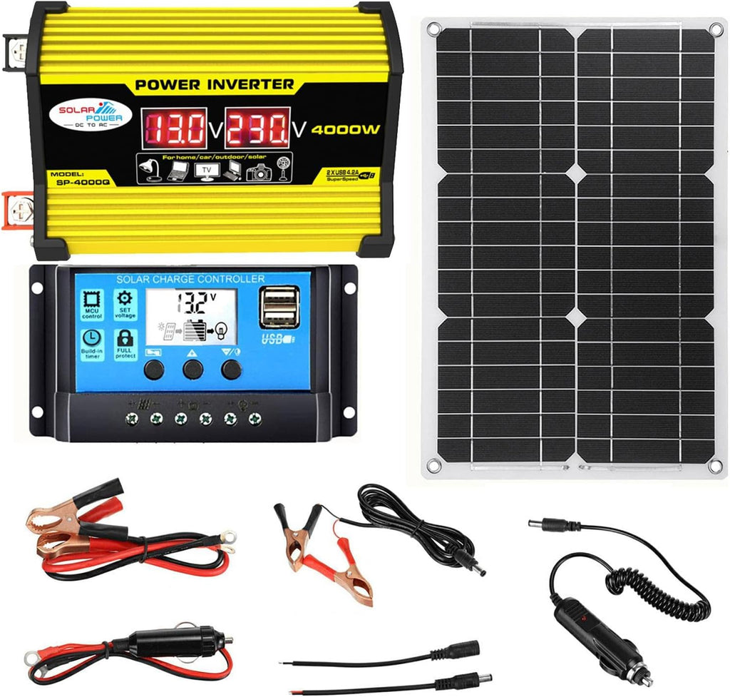 Solar System, Portable Solar Panel Kit, 4000W Inverter with 2 USB Ports, 30A Solar Charge Controller, LED Screen Display, Fast Charging for Supply