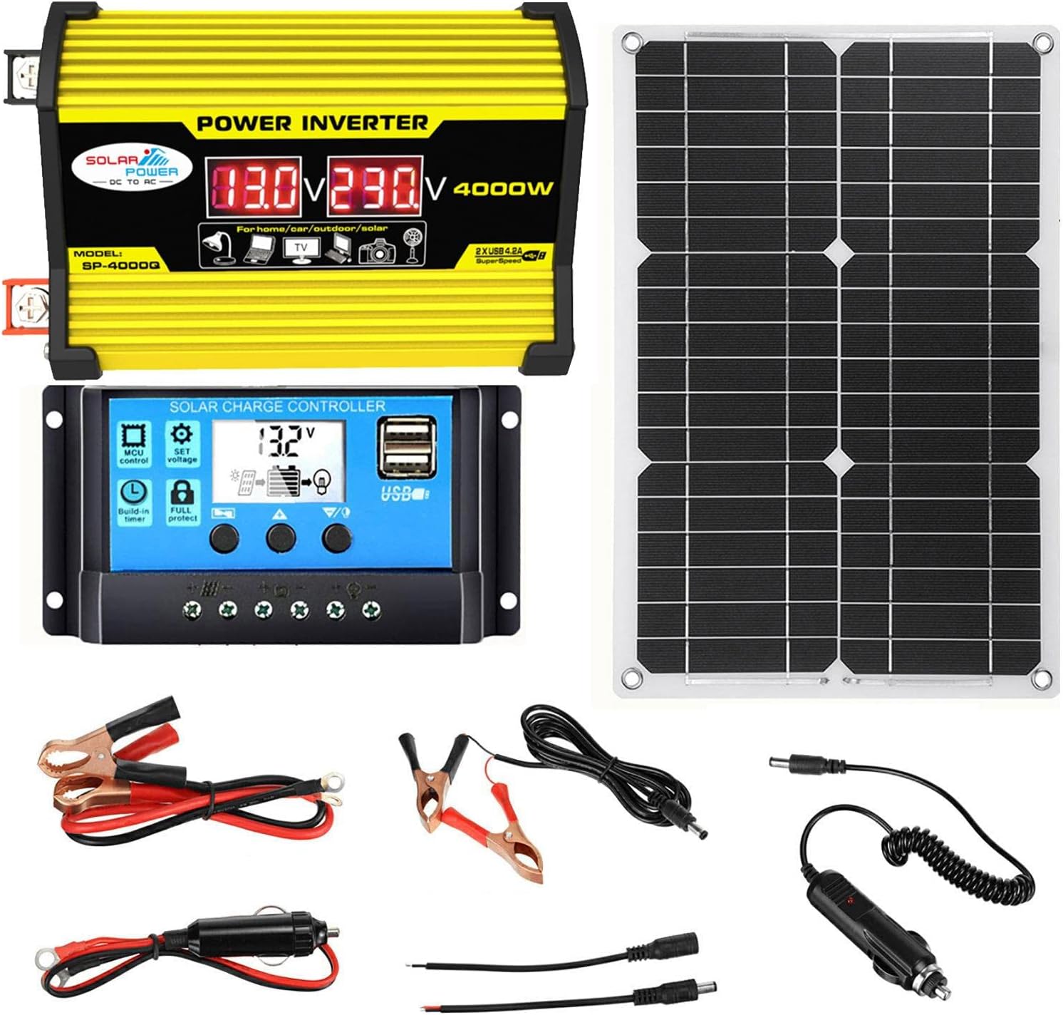 Solar System, Portable Solar Panel Kit, 4000W Inverter with 2 USB Ports, 30A Solar Charge Controller, LED Screen Display, Fast Charging for Supply