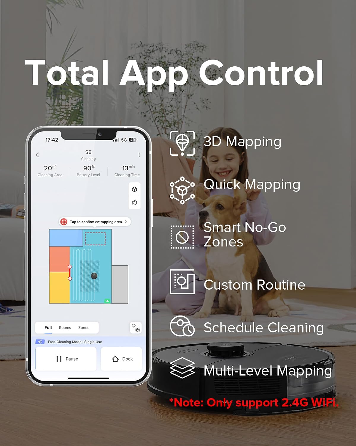 roborock S8 Robot Vacuum and Mop Cleaner, DuoRoller Brush, 6000Pa Suction, ReactiveAI 2.0 Obstacle Avoidance, Sonic Mopping, Auto Lifting Mop, Works with Alexa, Perfect for Pet Hair, Black