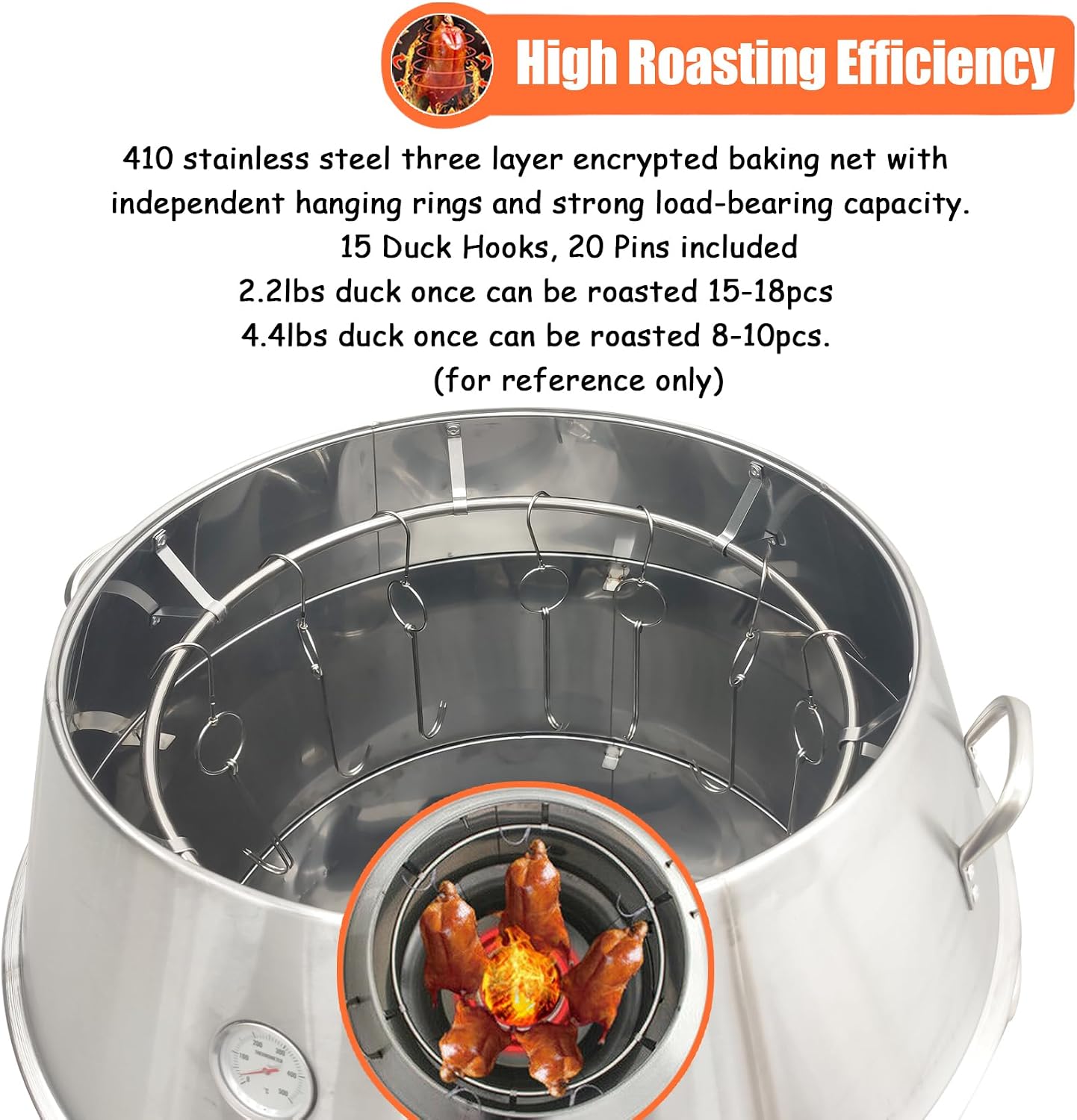 Commercial Roast Duck Oven, 2800PA LP Gas Duck Roaster, 31.5x31.5x55in Stainless Steel Grill with Reducing Valve, Hooks & Pins, for Beijing Duck, BBQ, Commercial Barbecue