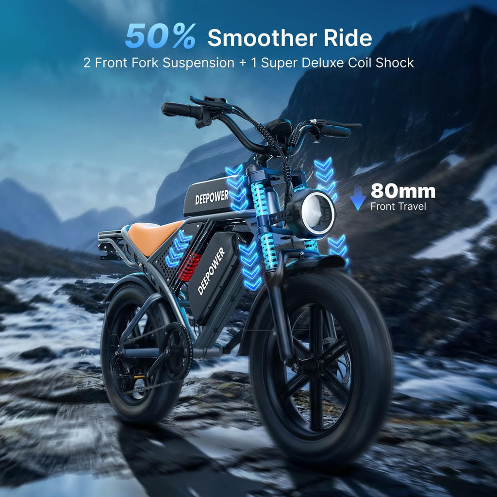 DEEPOWER QS7 Electric Bike for Adults, 2000W Peak Power 28MPH E-Bike, 48V 20Ah/35Ah/60Ah Battery Options, 35–180 Mile Range, 20' Fat Tire Ebike, 7-Speed All-Terrain Electric Bicycle