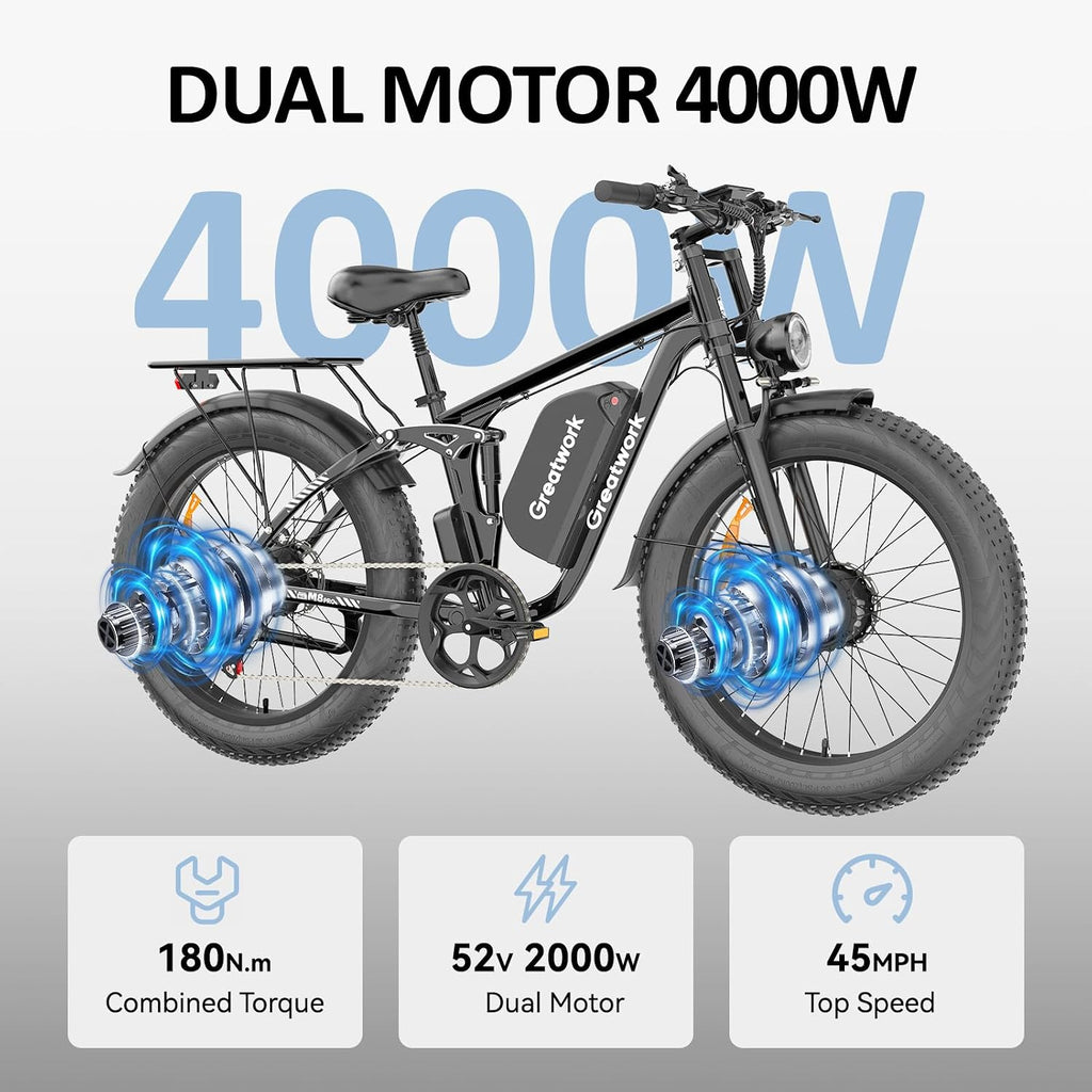 GREATWORK 52V 5000W Peak Dual Motor Electric Bike for Adults, 1300Wh Battery, Up to 45MPH & 100 Miles Range, 26' x 4.0 Fat Tire Electric Dirt Bike with Suspension, Mountain E-Bike for Men Women