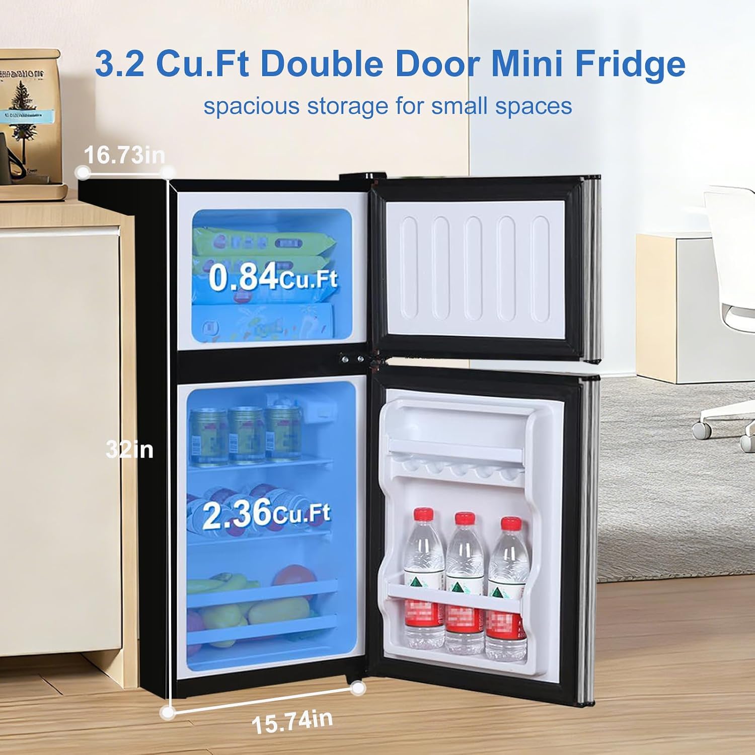 Cucina Magica Mini Fridge with Freezer, 3.2 cuft Small Refrigerator, 7 Adjustable Thermostat, Energy Saving, Low Noise, Double Door Compact Refrigerator for Dorm, Bedroom, Office - BLACK