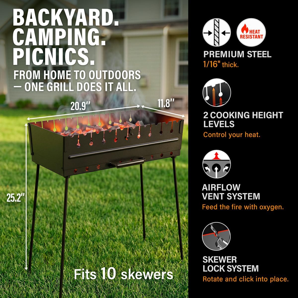 Charcoal Grill for 10 Skewers - Portable BBQ Mangal - Foldable Metal Grill for Shashlik, Kebab, Picnic, Outdoor Cooking (Skewers Not Included)