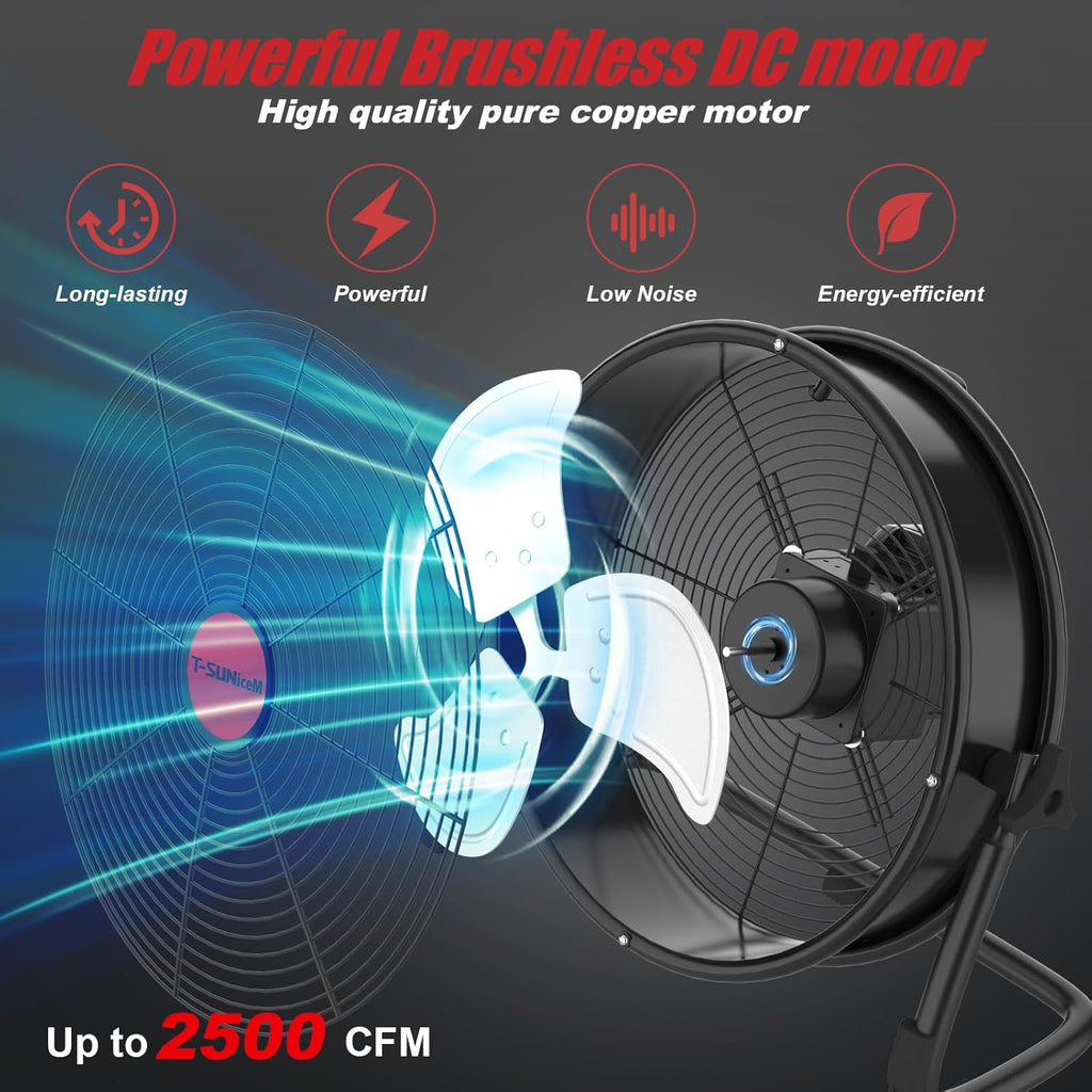 16' Battery Operated Floor Fan Compatible with Milwaukee M18 18V Battery, Portable Fan with AC Adapter and USB Output, Metal Industrial High Velocity, Stepless Speed Cordless Fan for Jobsite Garage