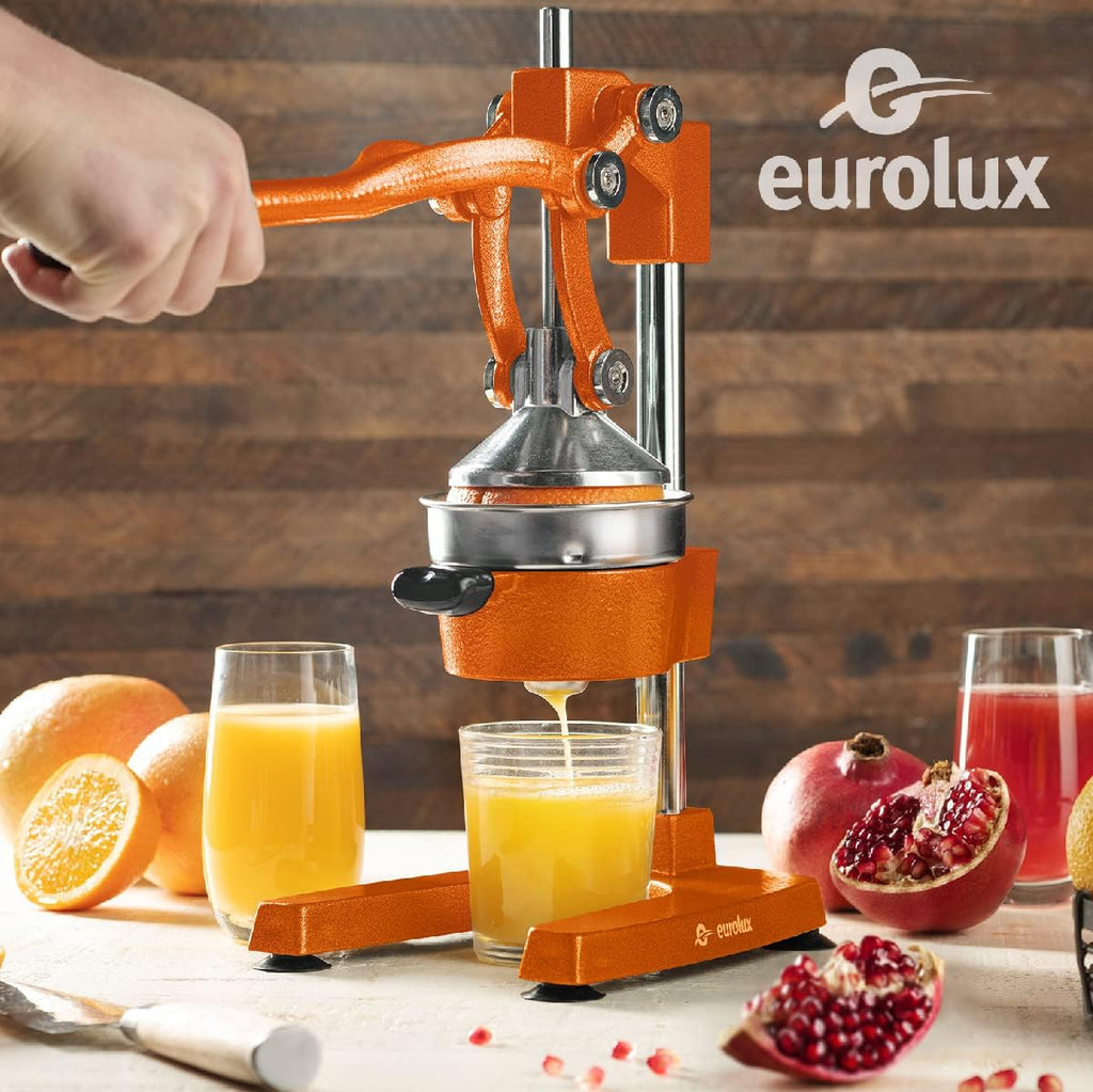 Eurolux Ultra-Premium Cast Iron Juicer | Extra-Large, Heavy Duty, Commercial Grade, Stainless Steel Manual Hand Press Citrus Squeezer For Fresh Orange Juice, Pomegranate, Lemon, and Much More (Orange)