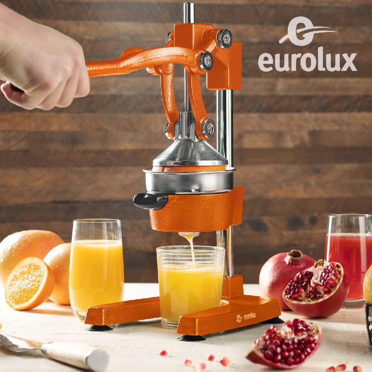 Eurolux Ultra-Premium Cast Iron Juicer | Extra-Large, Heavy Duty, Commercial Grade, Stainless Steel Manual Hand Press Citrus Squeezer For Fresh Orange Juice, Pomegranate, Lemon, and Much More (Orange)