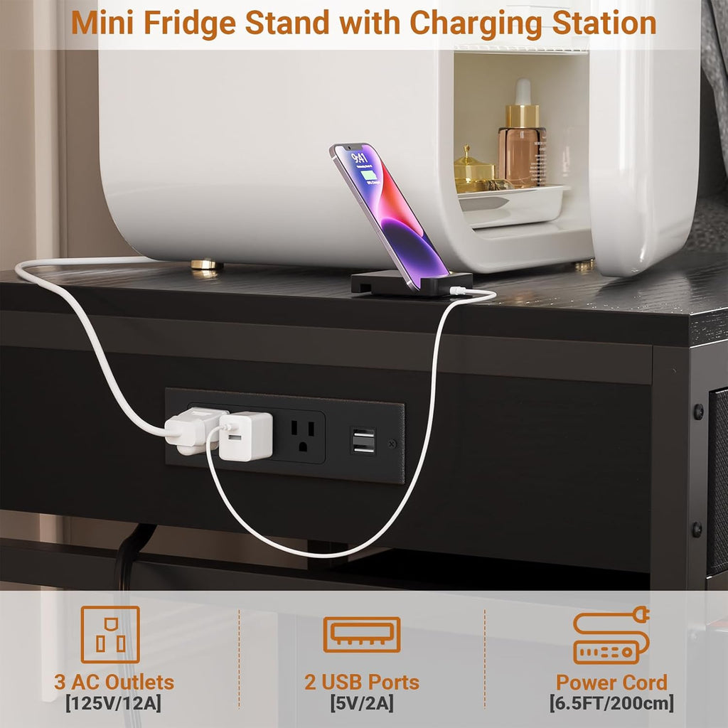 Unikito Mini Fridge Stand with Drawer Storage and Power Outlet, Heavy Duty Mobile Mini Fridge Shelf with Lockable Wheels, Beverage Refrigerator Table Stand, 22.8' L x 21.6' W, Max Load 300 LBS, Black