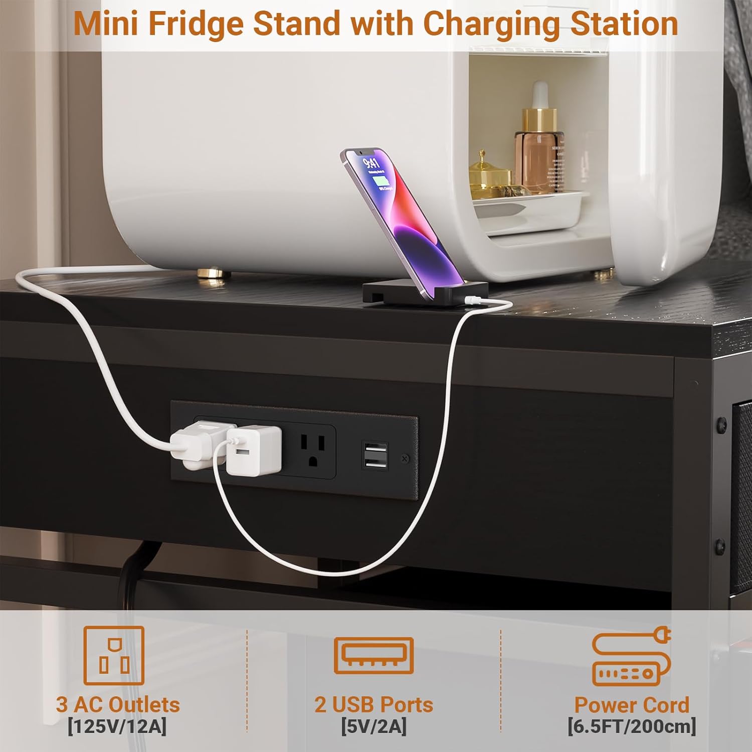 Unikito Mini Fridge Stand with Drawer Storage and Power Outlet, Heavy Duty Mobile Mini Fridge Shelf with Lockable Wheels, Beverage Refrigerator Table Stand, 22.8' L x 21.6' W, Max Load 300 LBS, Black