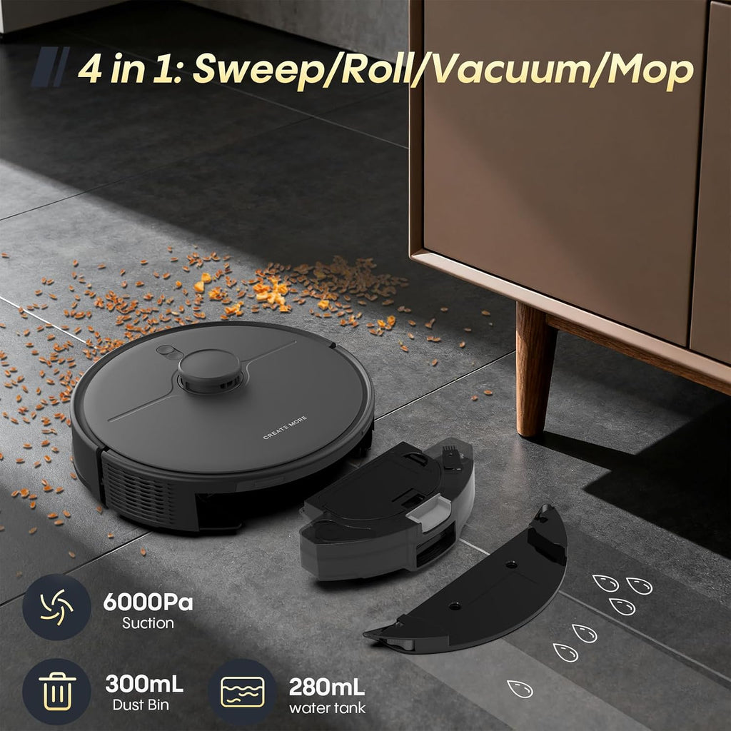 Self-Emptying Robot Vacuum and Mop, 6000Pa Powerful Suction, 90-Day Hands-Free,LiDAR Navigation, Smart Mapping, App & Alexa Control, Robotic Vacuum for Pet Hair, Carpets and Hard Floors