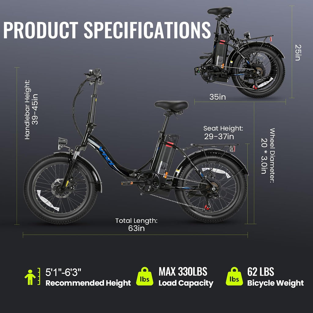 Vivi MT20UL Foldable Electric Bike 20' x3.0 Fat Tire Electric Bike with 48V 499.2WH Removable Battery, Peak 749W, Up to 50 Miles EBike, 7-Speed, 19.8MPH, Cruise Control, SGS Certified to UL2849