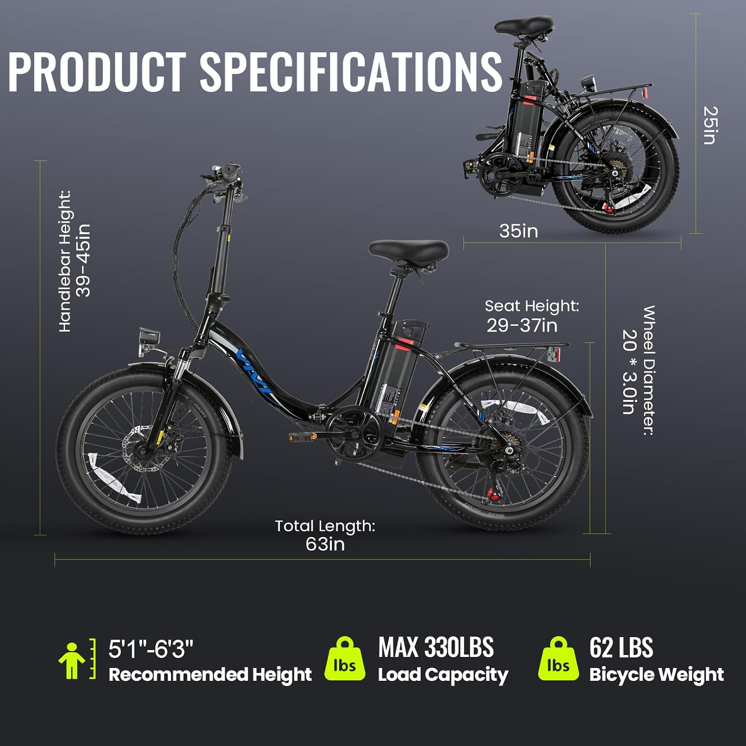 Vivi MT20UL Foldable Electric Bike 20' x3.0 Fat Tire Electric Bike with 48V 499.2WH Removable Battery, Peak 749W, Up to 50 Miles EBike, 7-Speed, 19.8MPH, Cruise Control, SGS Certified to UL2849