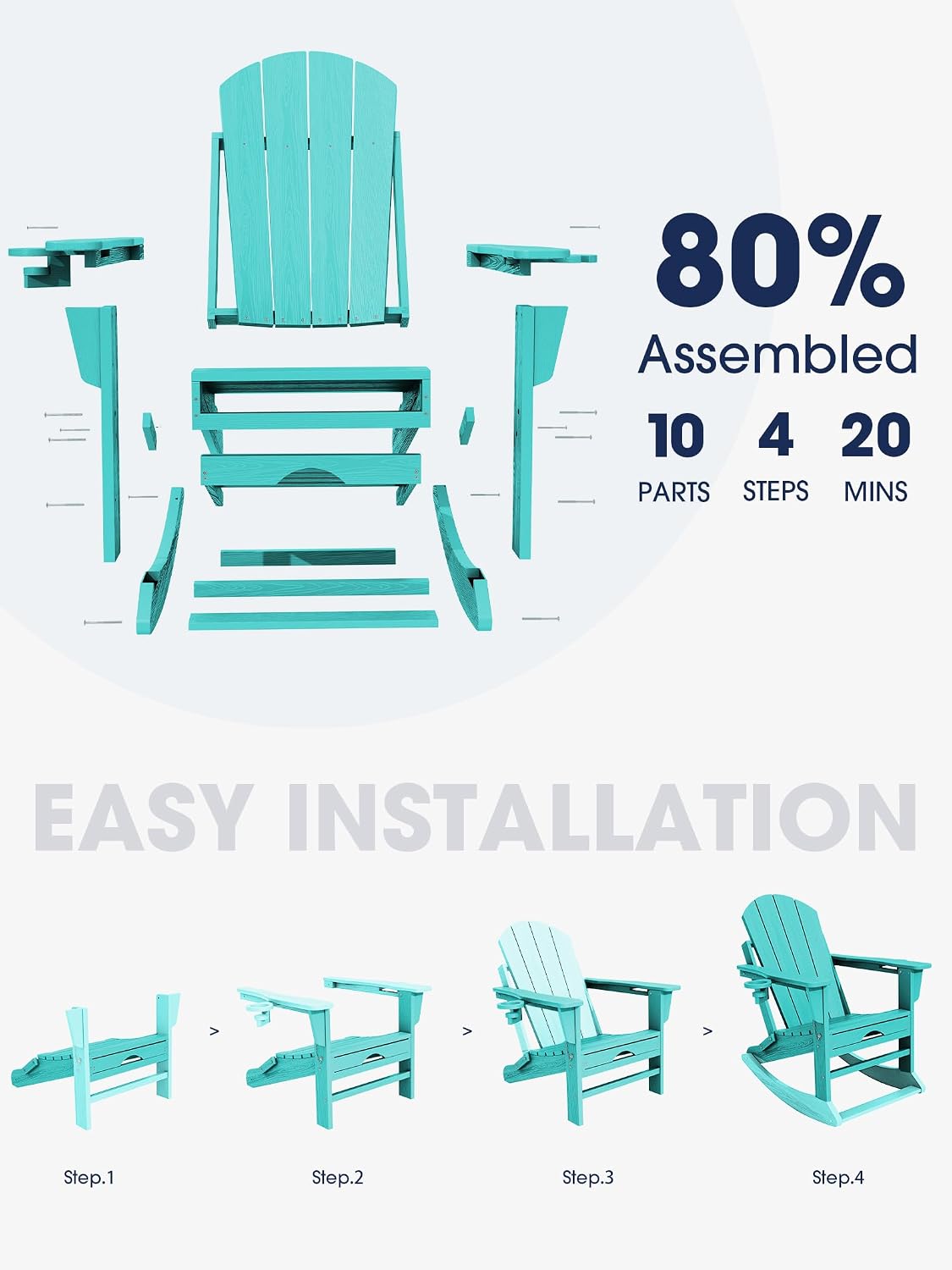 KINGYES Adirondack Rocking Chair Set of 2 with Retractable Ottoman and Cup Holders, HDPE Adirondack Rocker Patio Rocking Chair for Porch, Patio, Balcony, Aqua Blue