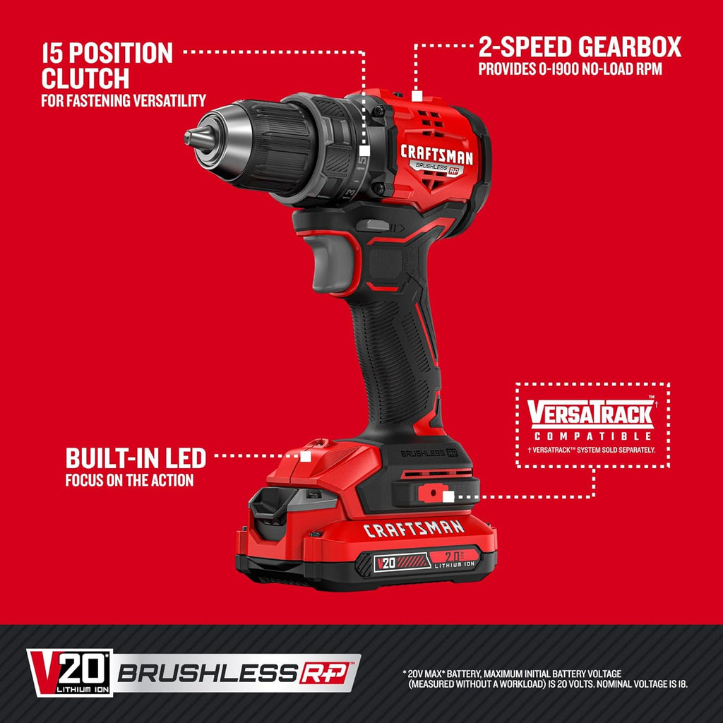 CRAFTSMAN V20 BRUSHLESS RP Compact Drill/Driver, Variable Speeed Trigger, Built In LED, Includes Battery and Charger (CMCD714D1)