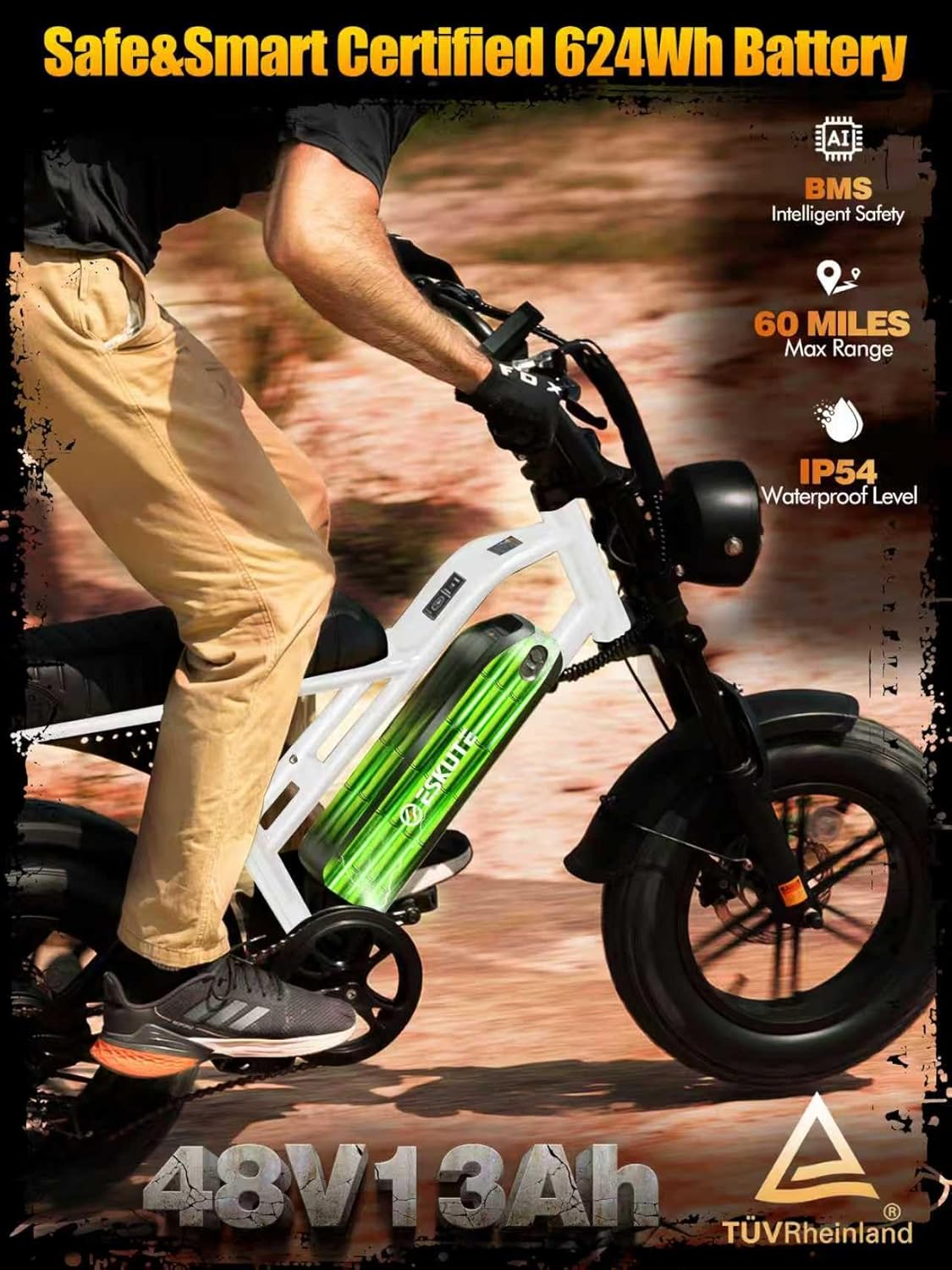 ESKUTE V100 Electric Bike for Adults, Electric Dirt Bike 1500W Peak Motor, All Terrain Dual Suspension E Bike 28MPH Top Speed, Ebike Up to 60 Miles Range, 16' Fat Tire, 48V13Ah Battery, 7-Speed