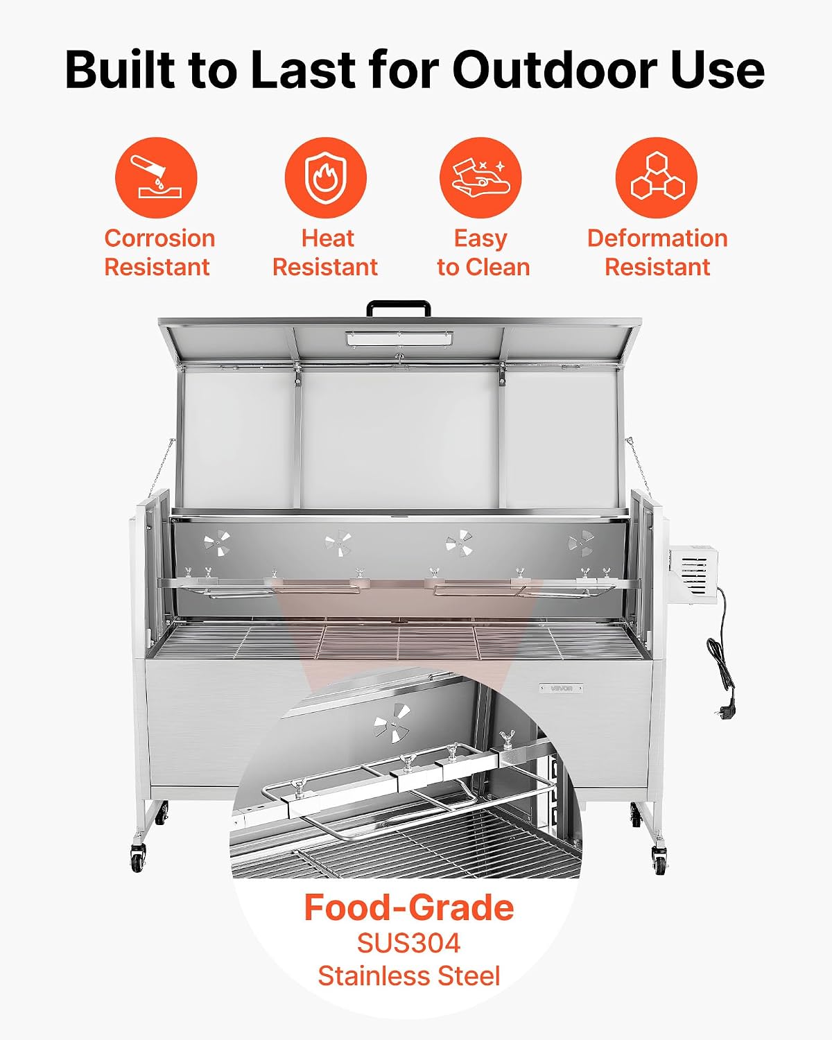 VEVOR Rotisserie Grill, 52in BBQ Outdoor Pig & Lamb Spit Roaster, Charcoal Spit Roaster with 132 LBS Capacity, Wheels, 4-Level Height, Stainless Steel Electric Rotisserie Grill Kit for Camping Outdoor