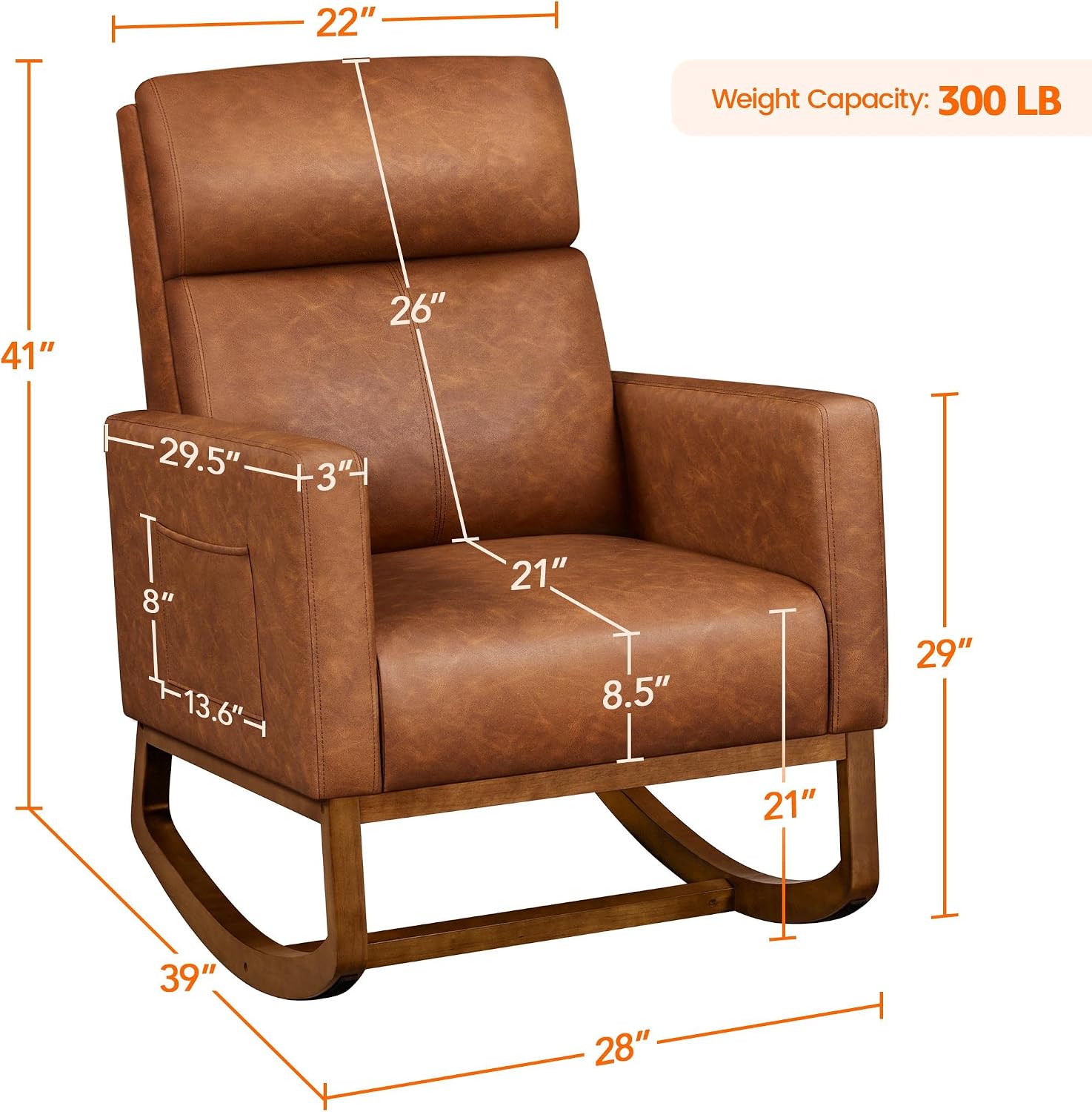 Yaheetech Leather Living Room Chair, Rocking Accent Chair, Modern Nursery Glider Chair with High Back and Side Pocket, Accent Rocker Armchair with Wood Legs for Living Room Bedroom Study, Brown