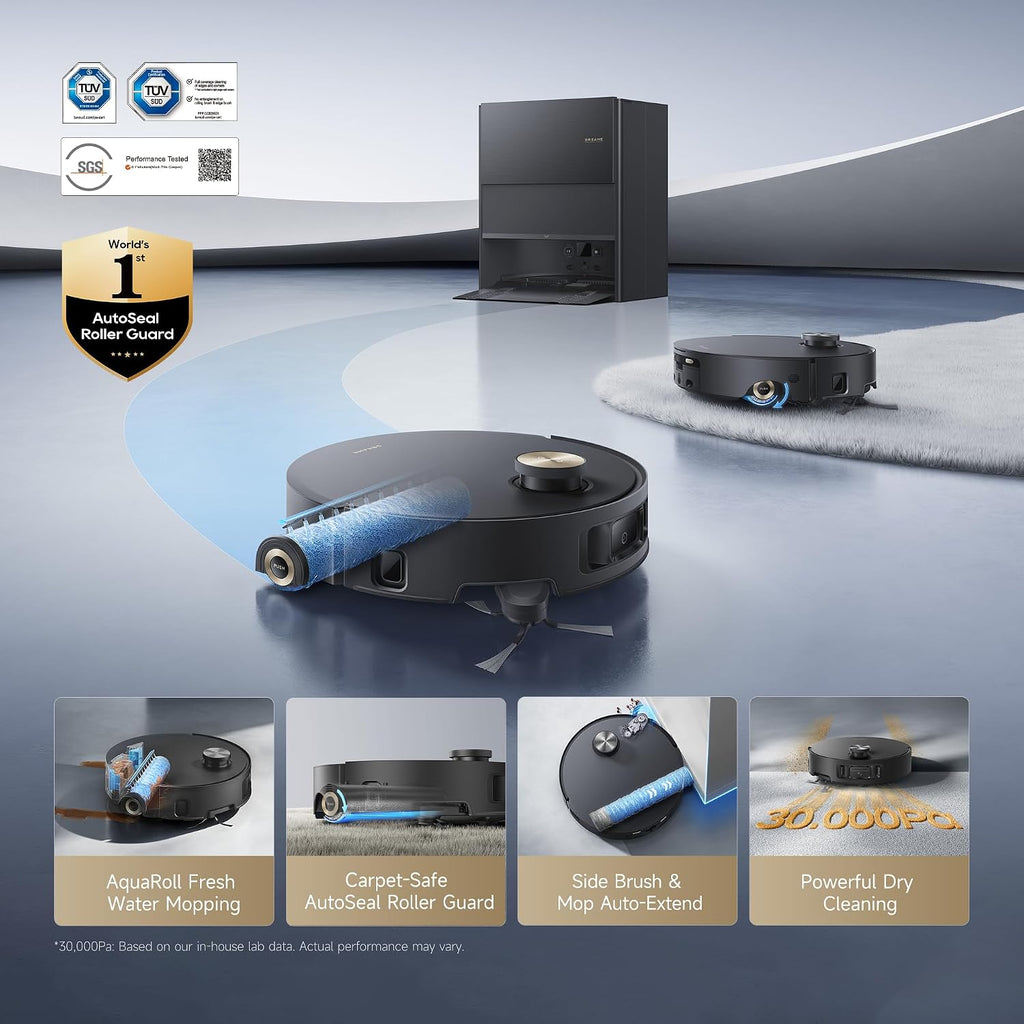 DREAME Aqua10 Roller AE Robot Vacuum, Roller Mop Fresh Water Mopping, Carpet-Safe Roller Guard, Auto-Empty, 30,000Pa Suction, 212℉ Hot Water Mop Washing, Hot Air Drying, 100% Detangling, Voice Control