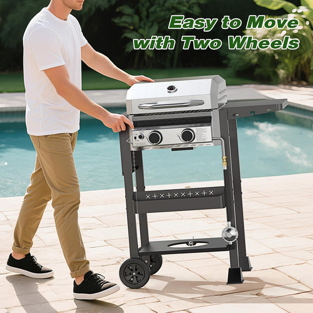 2-Burner Stainless Steel Propane Gas Grill, 16,000 BTU Patio Garden Barbecue Grill with Foldable Shelves, Grates and Griddle Pan for Outdoor Patio Garden Cooking and BBQ