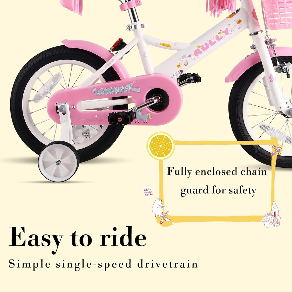 RULLY Kids Bike 12 14 16 inch for 2-7 Years Girls with Training Wheels & Front Handbrake, Kids Bicycle with Basket Bike Streamers Toddler Cycle Bikes