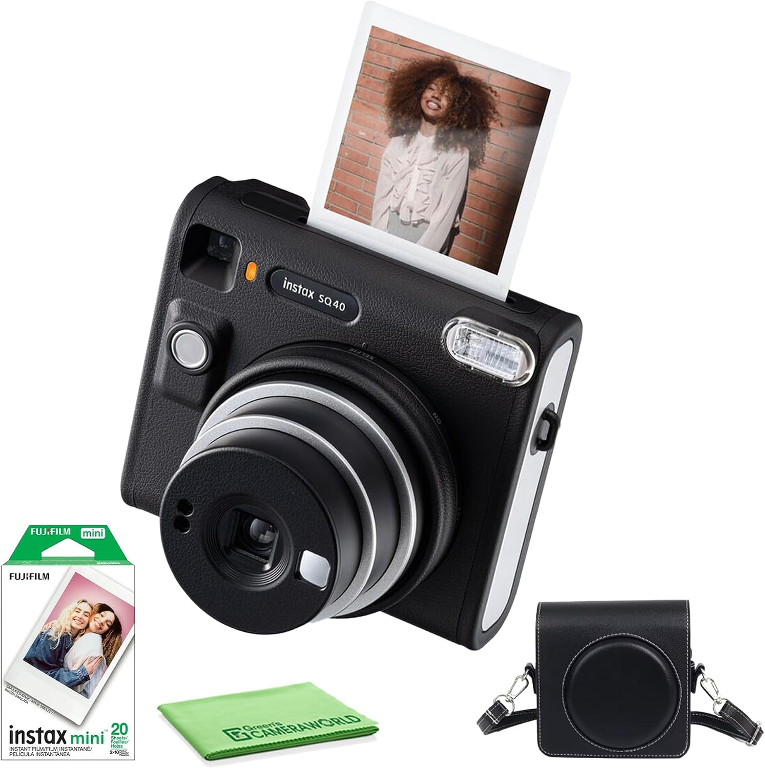 Fujifilm Instax Square SQ40 Instant Camera Vintage Black Bundle with Fuji Instax Film Value Pack (20 Exposures) + Carrying Case + Cleaning Cloth