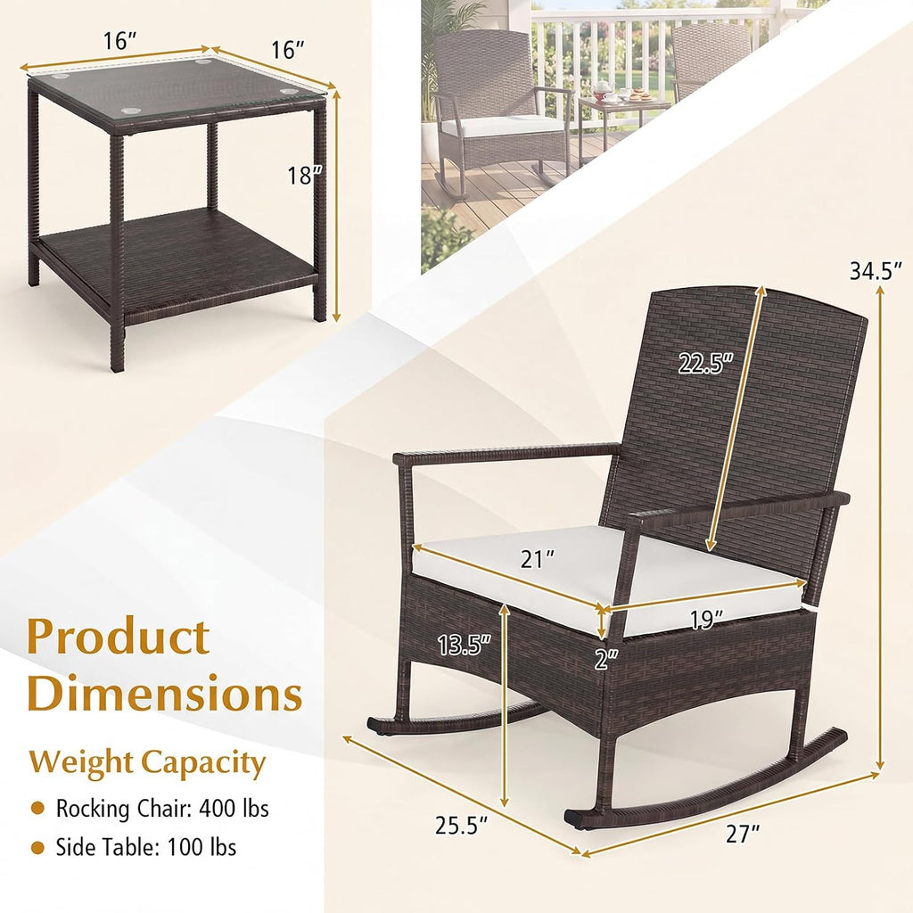 Tangkula 3 Pieces Rocking Wicker Bistro Set, Outdoor Front Porch Rocker Chairs Conversation Set with 2-Tier Tempered Glass Coffee Table and Thick Cushions for Garden, Balcony, Poolside (Off White)