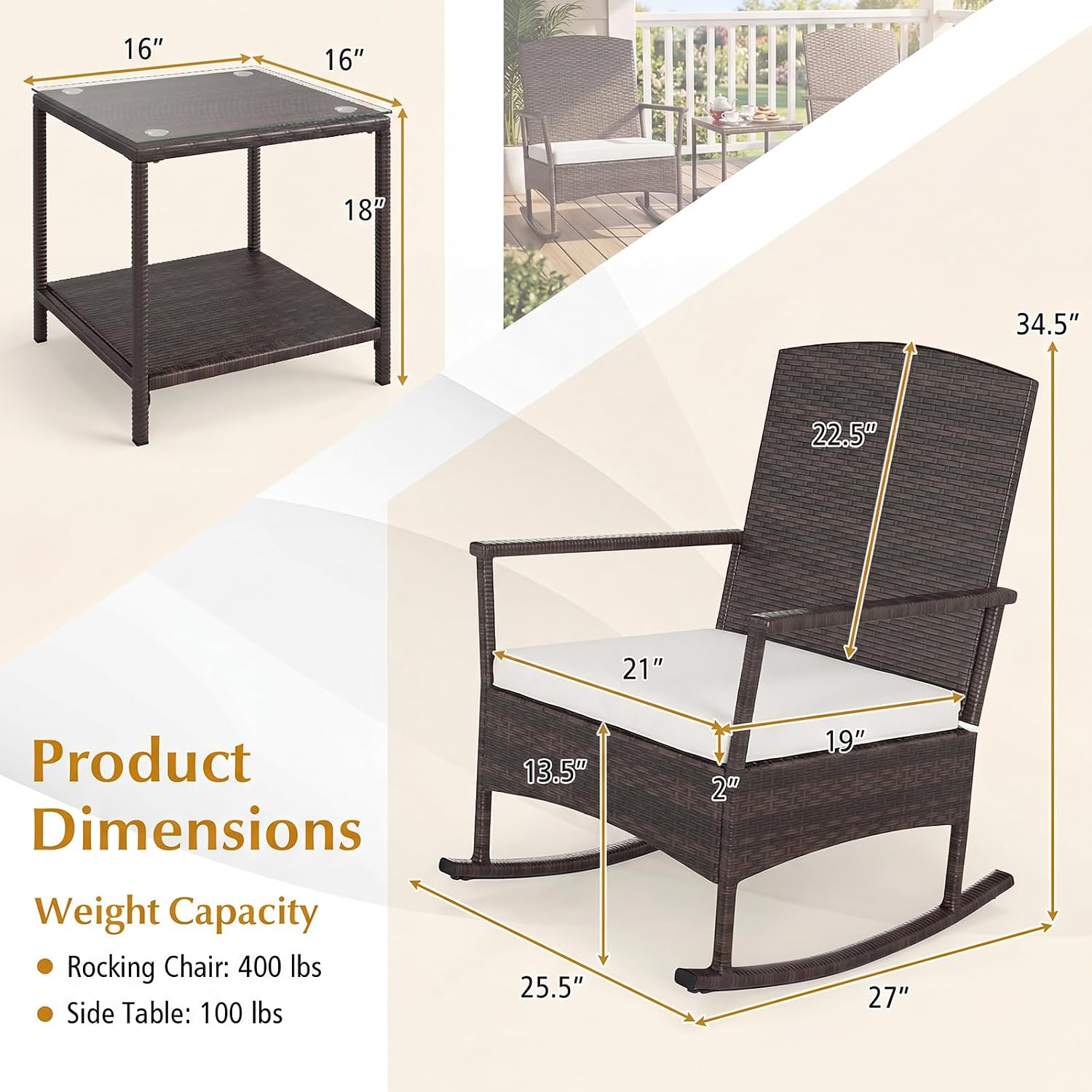 Tangkula 3 Pieces Rocking Wicker Bistro Set, Outdoor Front Porch Rocker Chairs Conversation Set with 2-Tier Tempered Glass Coffee Table and Thick Cushions for Garden, Balcony, Poolside (Off White)