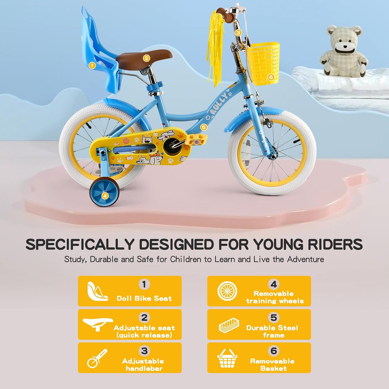 RULLY 12 14 16 Inch Girls Bike with Doll Seat Basket and Training Wheels for 2-6 Years Children