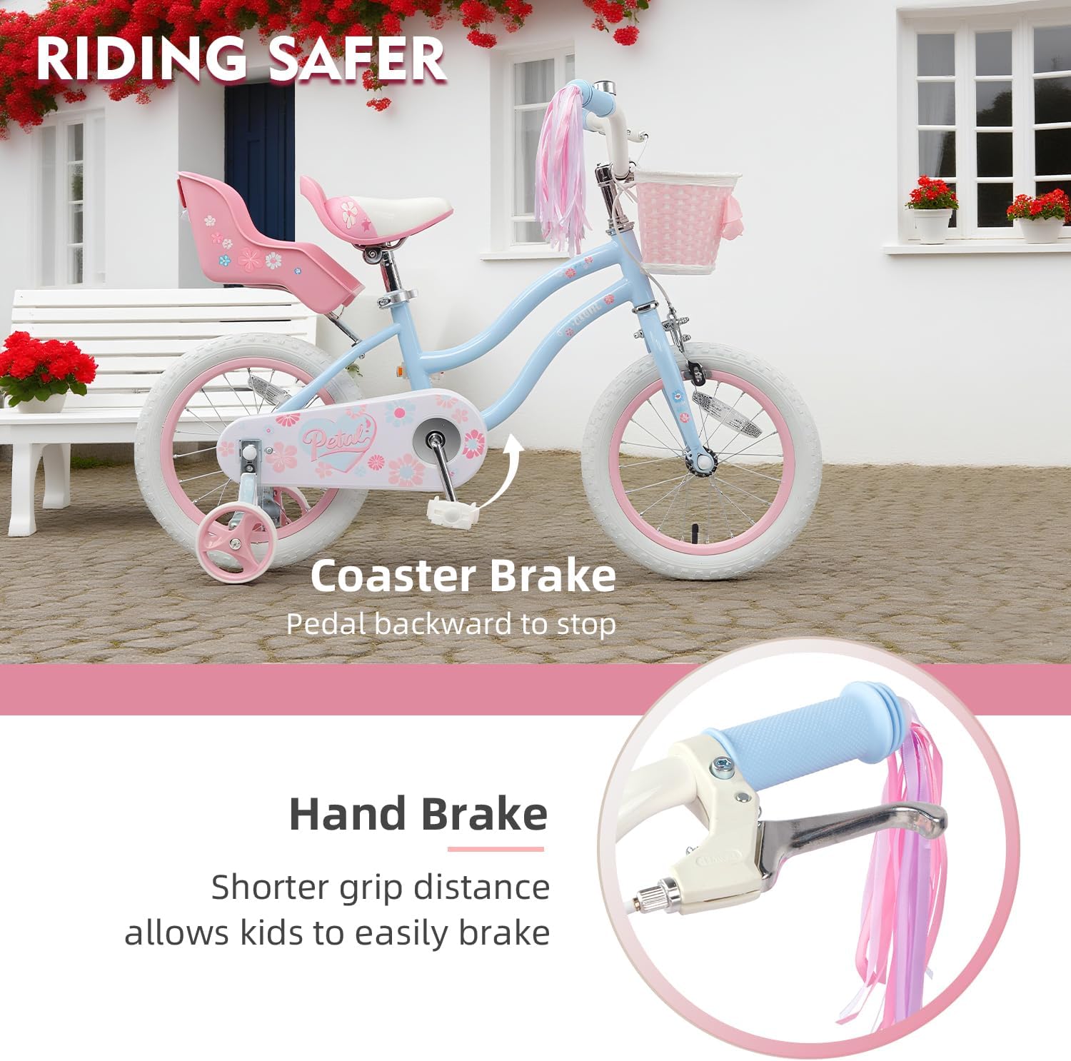 Glerc Petal Girls Bike 12-18 Inch for Ages 2-9, Kids Bike with Training Wheels, Basket & Streamers, Princess Style Kids Bicycle, for Girls