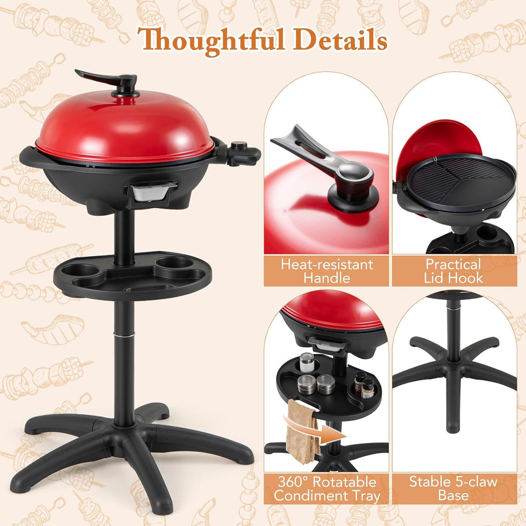 Happygrill Electric Grill Outdoor, 1350W Portable BBQ Grill w/Non-stick Griddle Plate, Temperature Control, Drip Tray, Temperature Control for Patio Camping (Red, 24.5'' Dia x 38.5'' H)