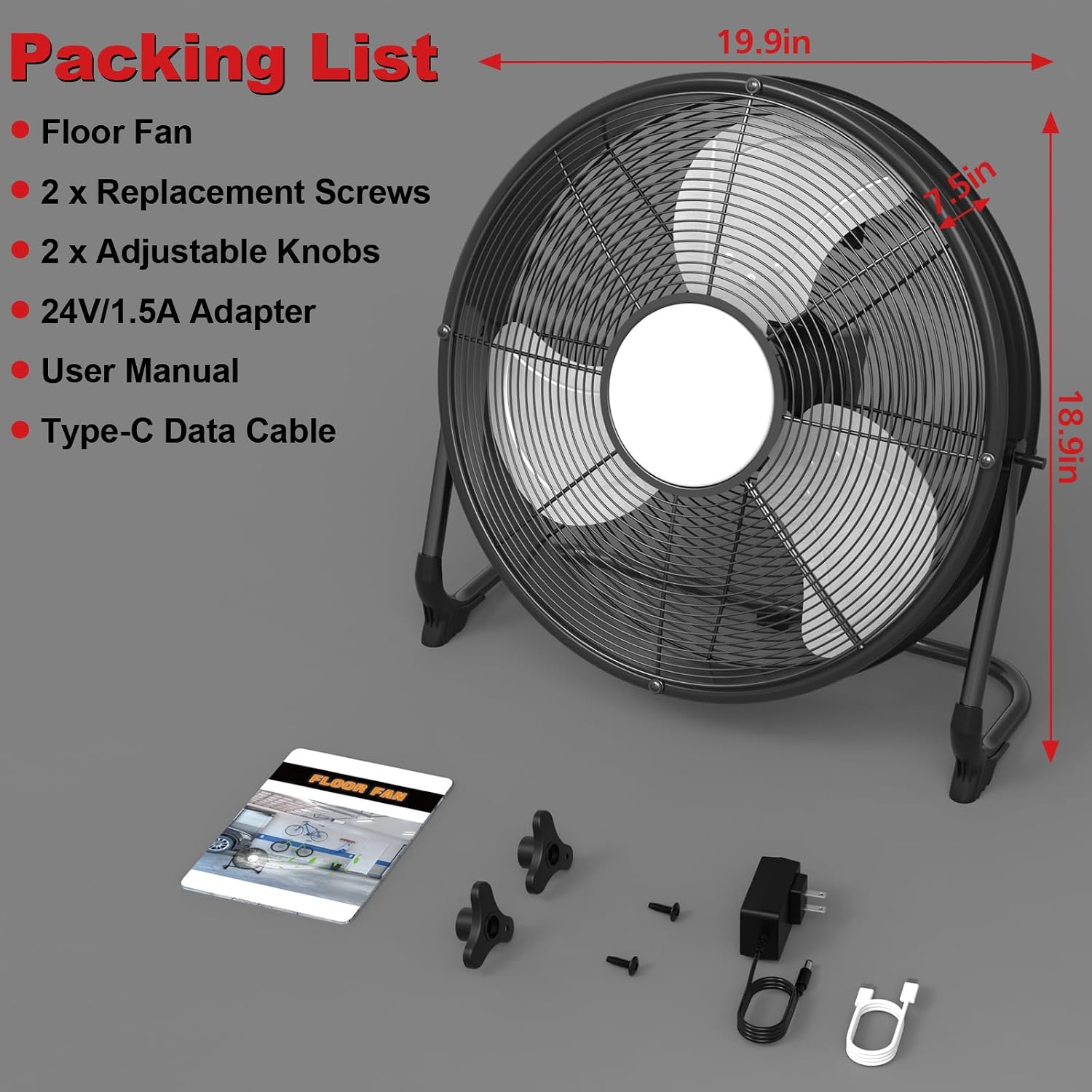 16' Battery Operated Floor Fan with Light Compatible with Milwaukee M18 18V Battery, Portable Fan with AC Adapter and USB Output, Metal High Velocity, Stepless Speed Cordless Fan for Jobsite Camping