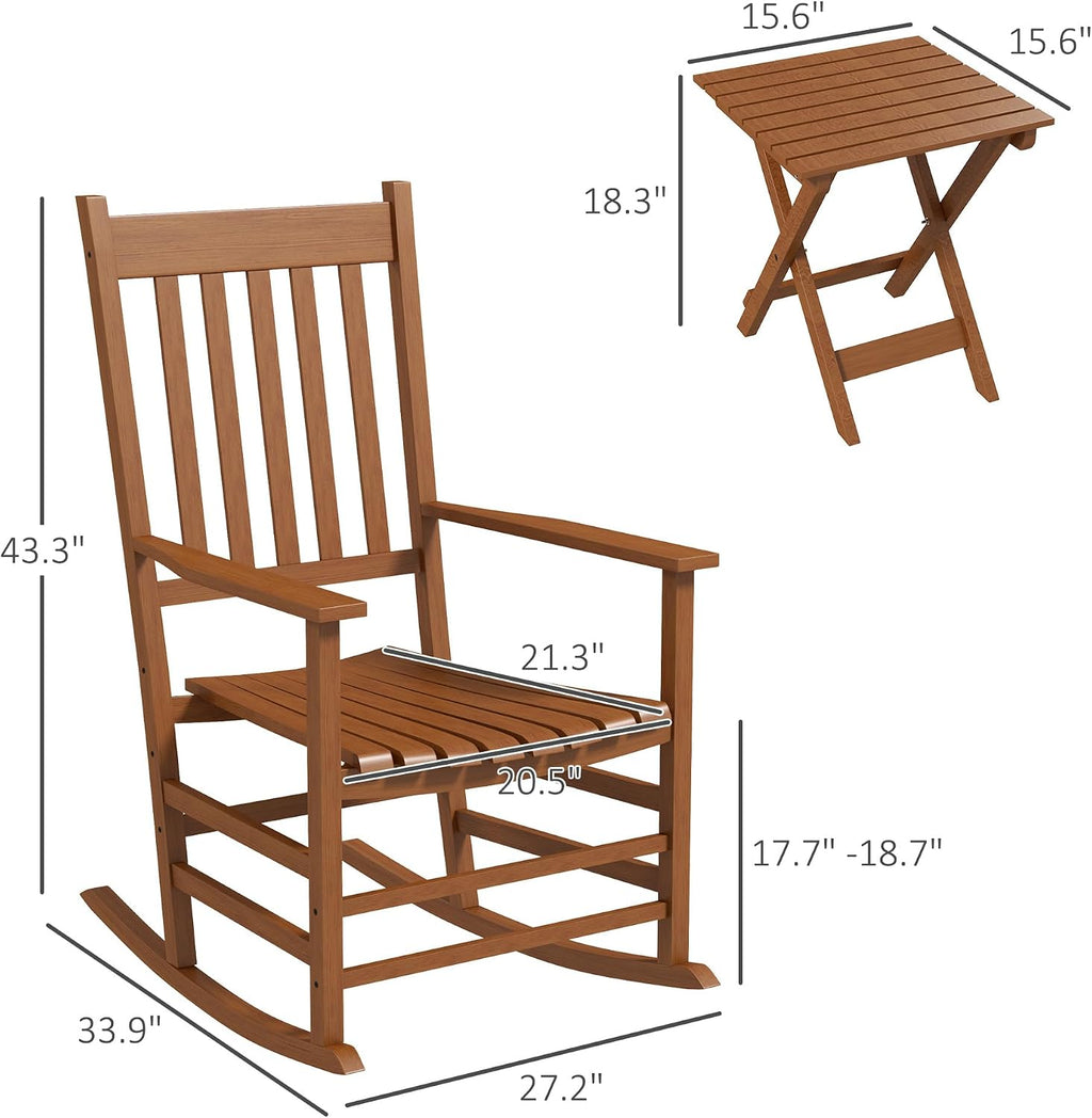 Outsunny Outdoor Rocking Chair Set of 2 with Side Table, Patio Wooden Rocking Chair with Smooth Armrests, High Back for Garden, Balcony, Porch, Supports Up to 352 lbs, Teak