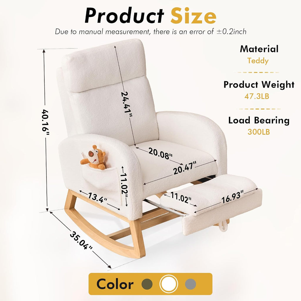 FOXHUNTER Rocking Chair for Nursery with High Backrest & Foot Rest-Nursery Rocking Chairs with Side Storage Pocket for Breastfeeding,Modern Glider Chair for Baby Bedroom,Living Room,Teddy White