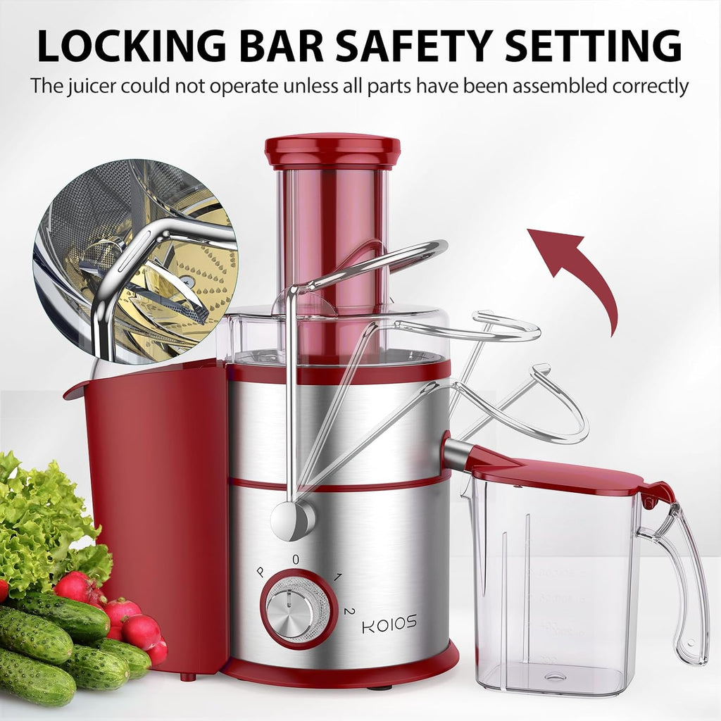 KOIOS 1300W Centrifugal Juicer Machine, Juice Extractor with Extra Large 3 Inch Feed Chute, Full Copper Motor, Titanium-Plated Filter, High Juice Yield, 3 Speeds Mode, Brush Included, Non-BPA, Red