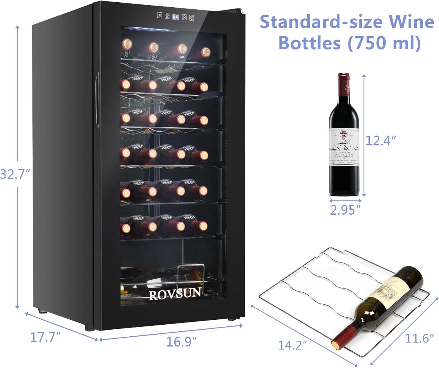ROVSUN 28 Bottle Wine Fridge, Freestanding Compressor Wine Cooler Refrigerator, Beverage Wine Chiller with Digital Temperature Control & Double-layer Glass Door for Red White Wine, Champagne, Beer