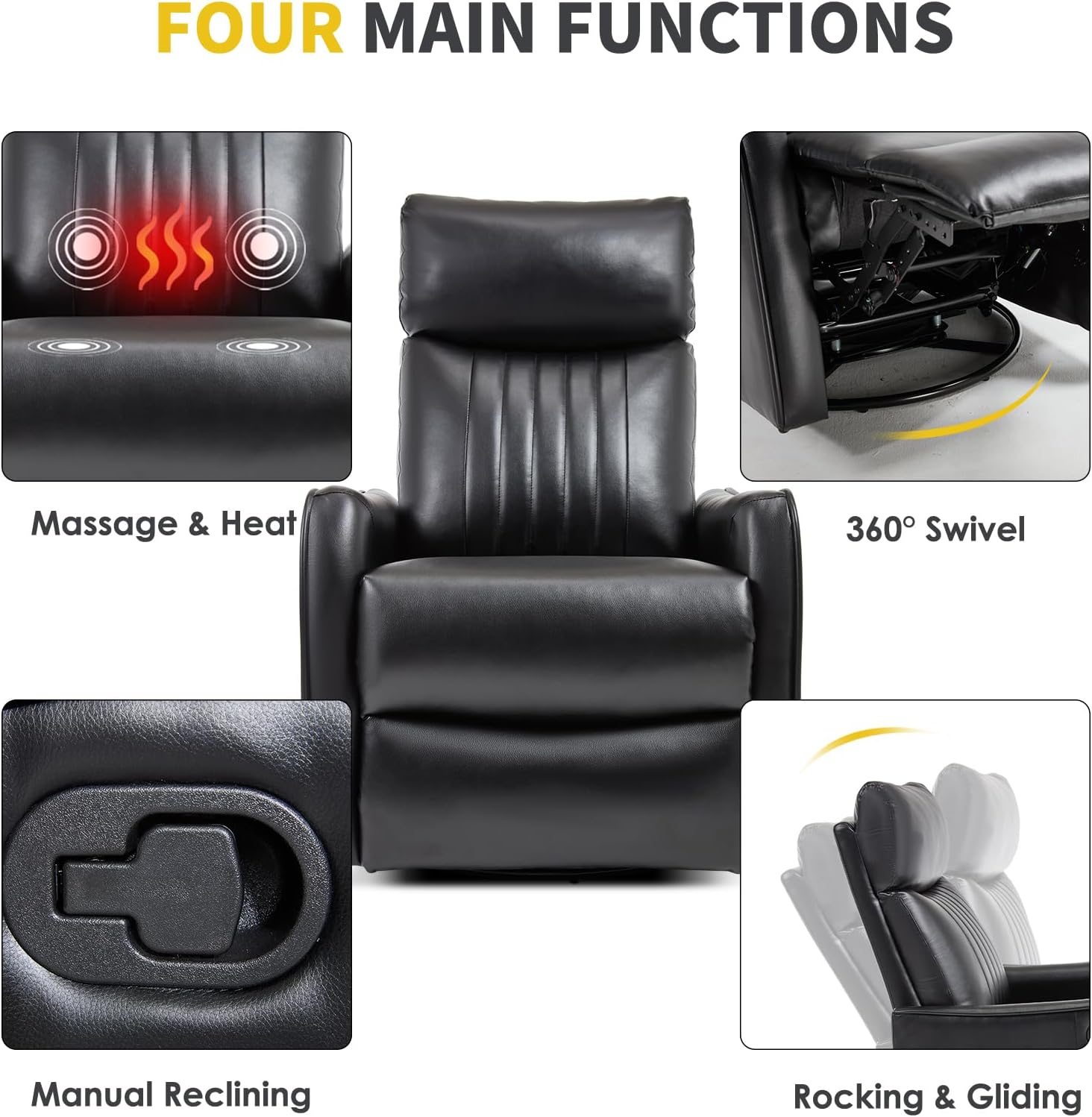 Trustyue Swivel Rocker Recliner Chair, 360° Swivel Recliner with Heat and Massage, Rocker Recliner Nursery Glider Chair with Side Pockets for Living Room (Black, Faux Leather)
