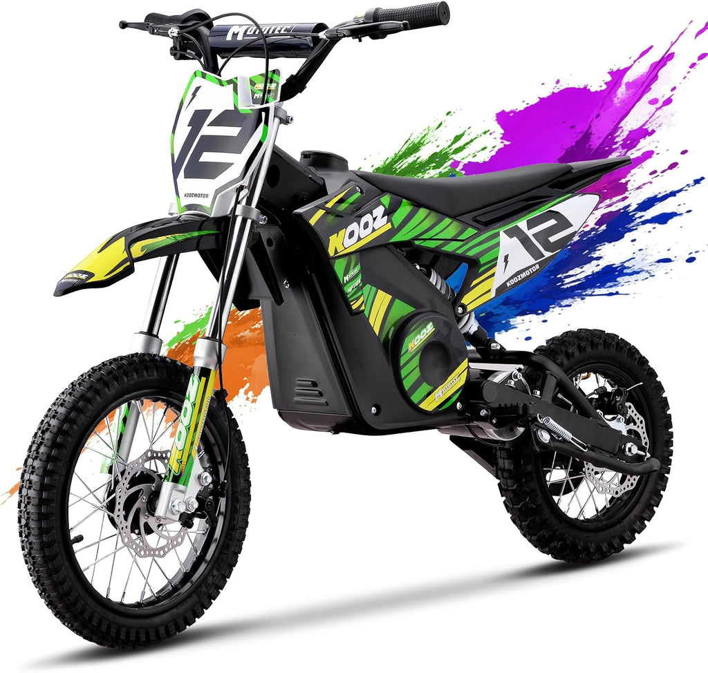 KOOZ HP112E 36V 1000W Electric Dirt Bike for Kids, 3 Speed Modes Teen Electric Motorcycle Up to 18 MPH & 15 Miles Long-Range, Dual Suspension & Disc Brake, 16' Sturdy Tire for Kids Teenagers, Green