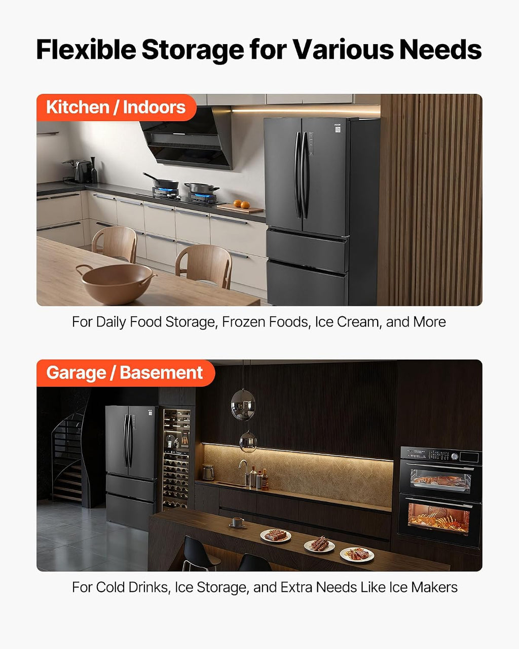 VEVOR French Door Refrigerator, 18.9 Cu. Ft. Kitchen Fridge, Counter Depth French Refrigerator with LED Display and 4 Casters, Frost-Free Bottom Freezer Refrigerators for Home & Commercial Use, Black