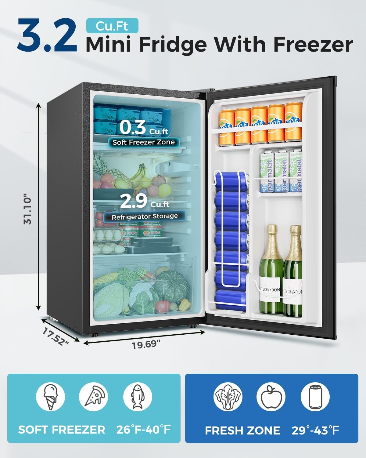 Feelfunn Mini Fridge with Freezer - 3.2 Cu.Ft Single Door Mini Refrigerator with Adjustable Thermostat, Energy Saving, Low Noise, Small Fridge for Bedroom, Office, Dorm, Apartment, Classroom - Black