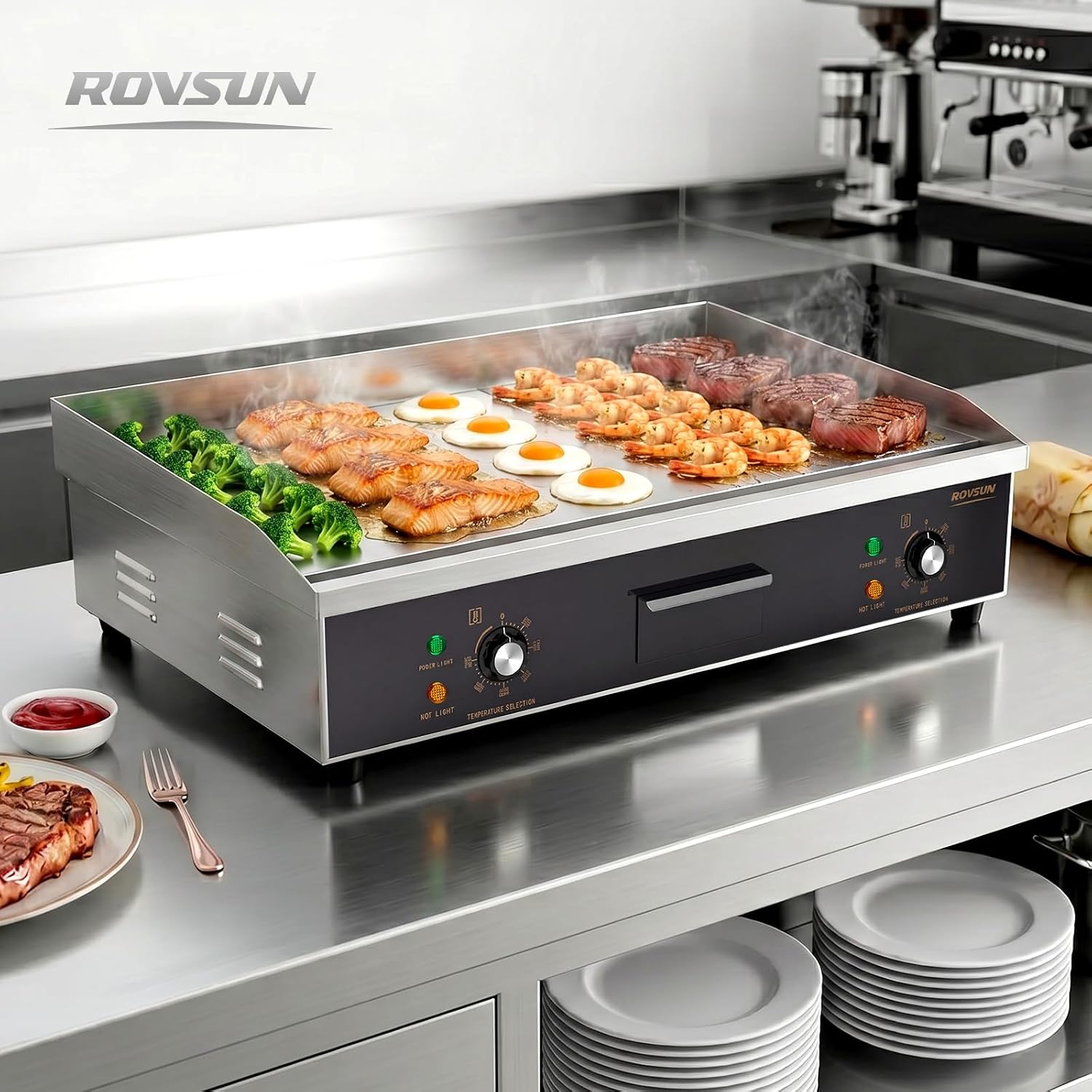 ROVSUN 30' Electric Griddle, Electric Countertop with Half Flat Top Griddle, 3000W Grill Stainless Steel with Adjustable Temperature Control 122°F-572°F for Commercial Home Restaurant, Plug
