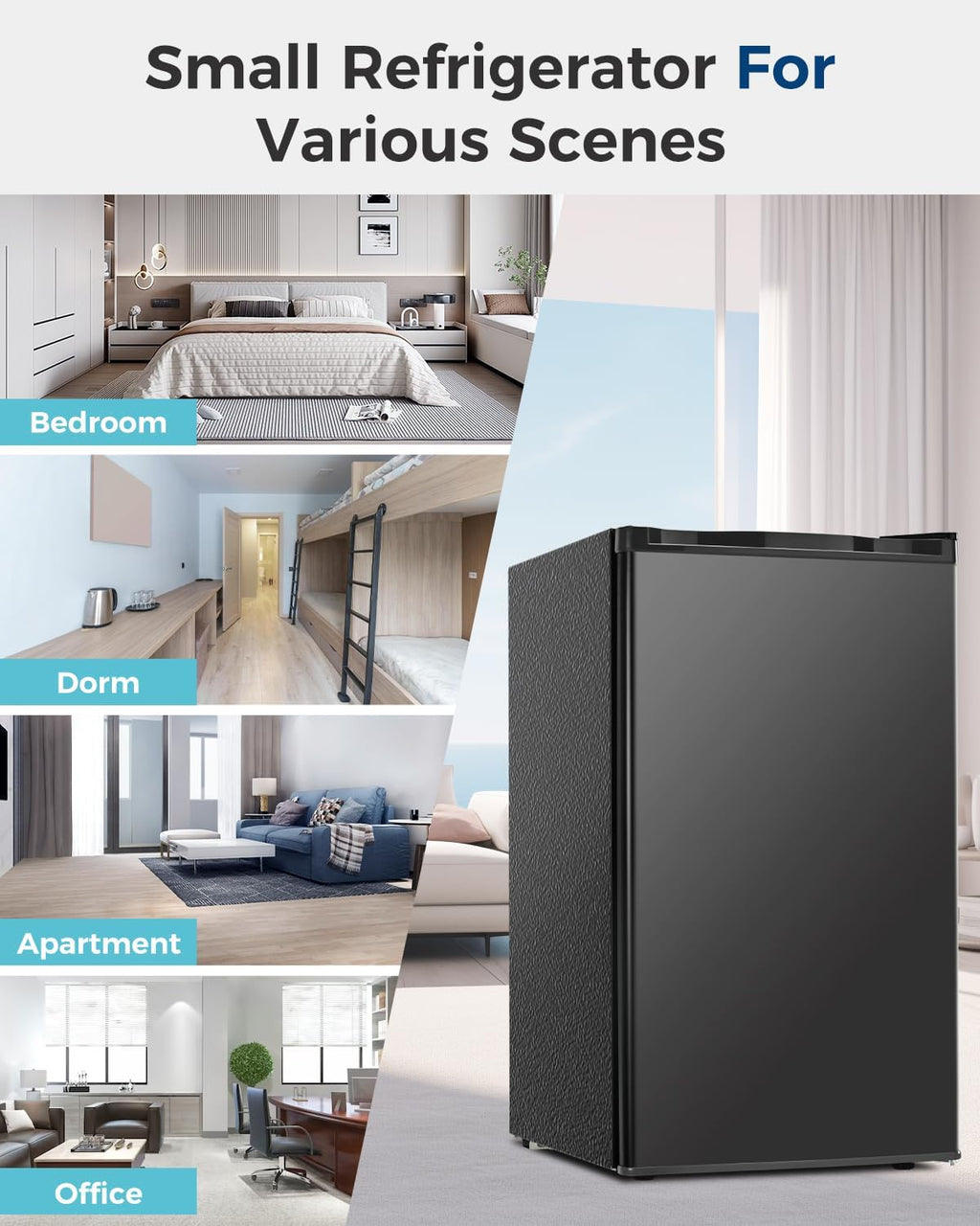 Feelfunn Mini Fridge with Freezer - 3.2 Cu.Ft Single Door Mini Refrigerator with Adjustable Thermostat, Energy Saving, Low Noise, Small Fridge for Bedroom, Office, Dorm, Apartment, Classroom - Black
