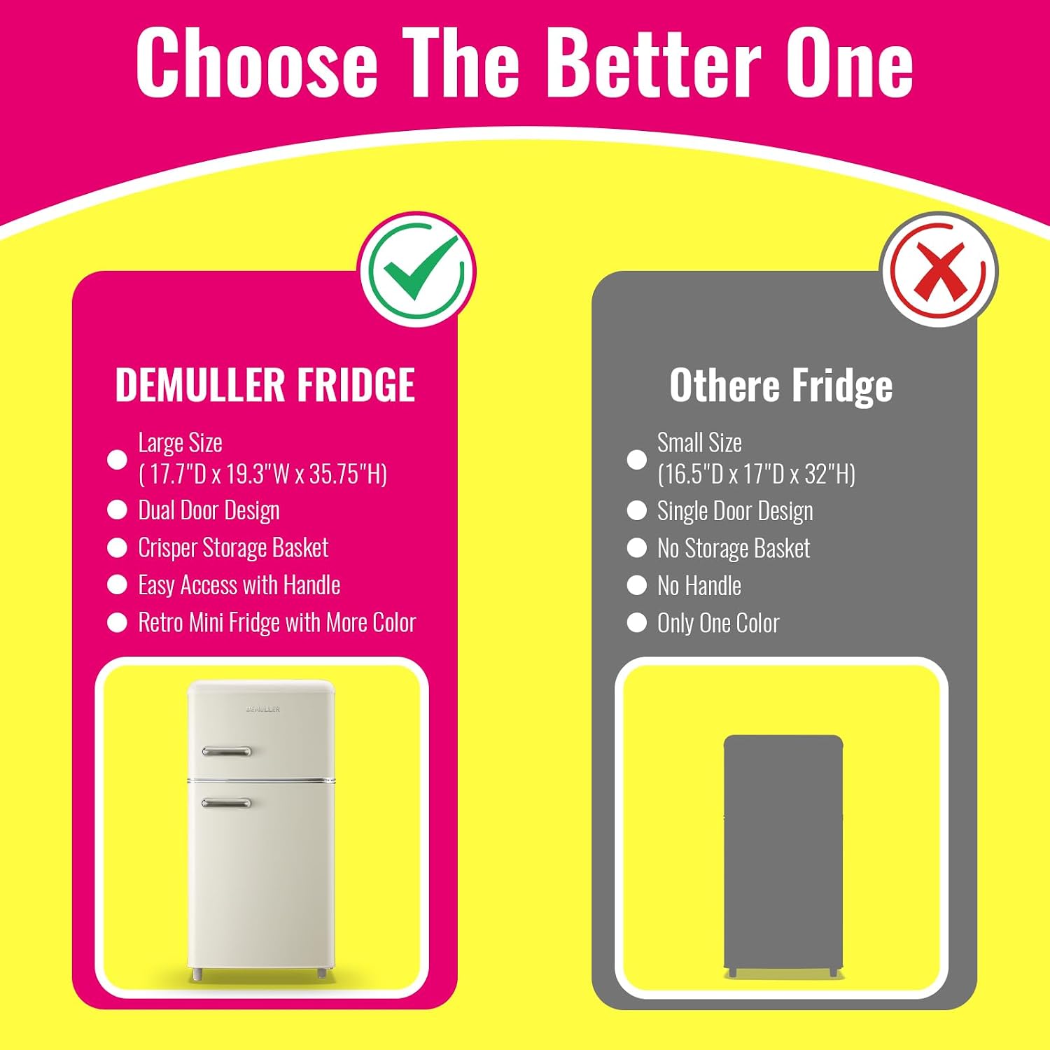 DEMULLER Retro Mini Fridge 3.5 Cu.ft Small Refrigerator with Top Freezer Compact Fridge Apartment Size Refrigerator Dual Door with Handles for Home Office Dorm