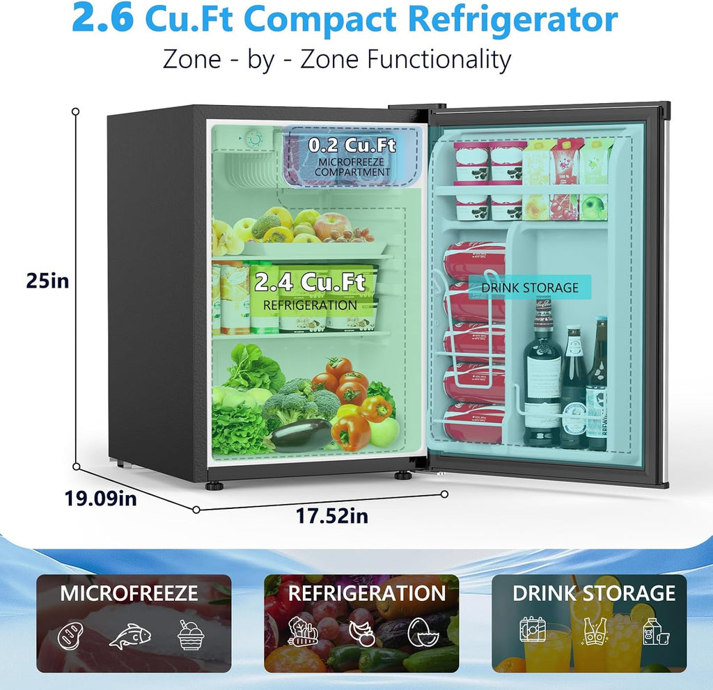 COWSAR 2.6 Cu.Ft Mini Fridge with Freezer, Single-Door Compact Refrigerator, 7 Settings Temperature Adjustable, 2 Removable Shelves, Commercial Small fridge for Bedroom, Office, Kitchen, Dorm, Silver