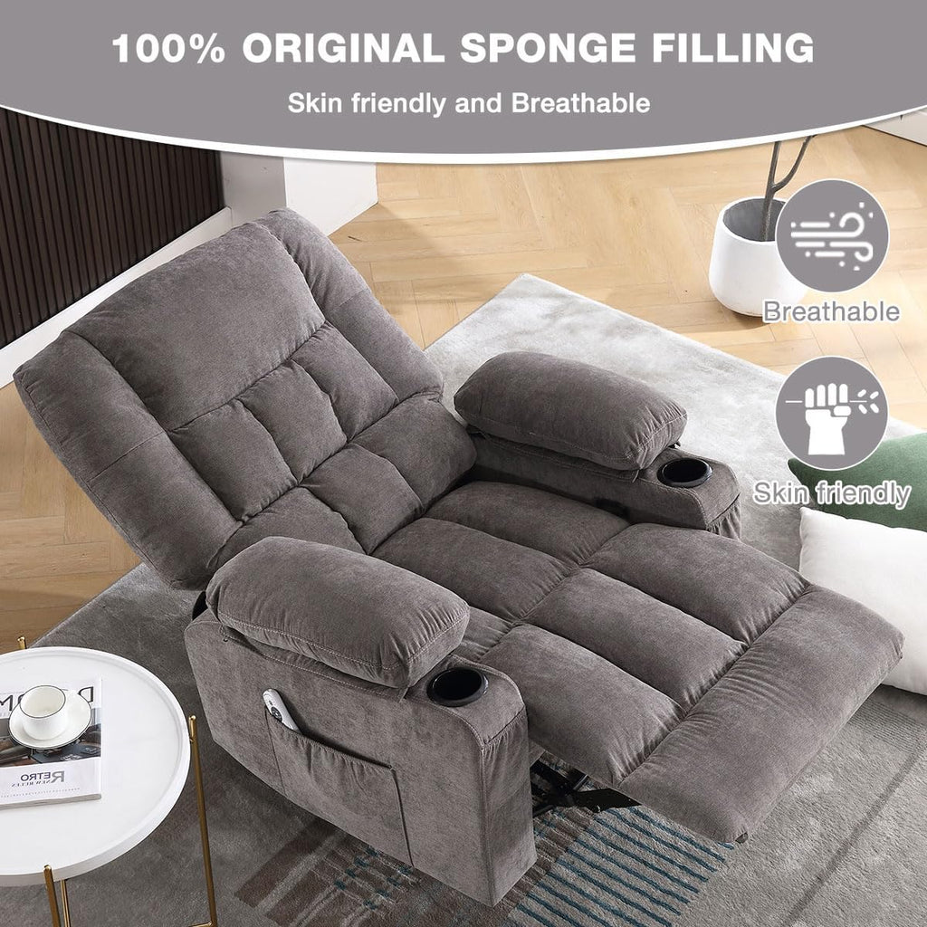BOSMILLER Oversized Recliner Chair for Adults with Vibration Massage and Lumbar Heating Swivel Rocker Recliner with Cup Holder and USB Charge Port for Living Room