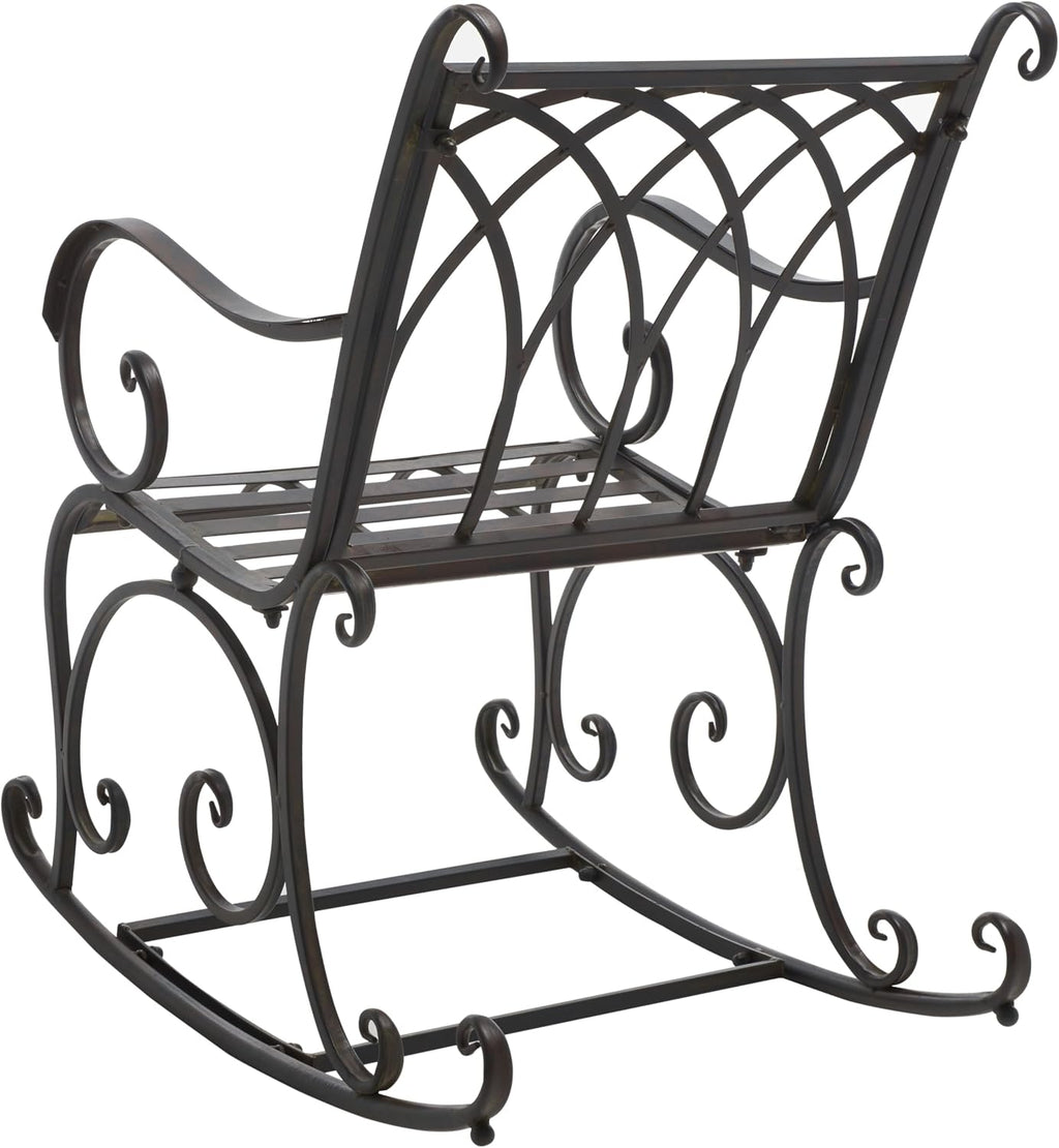SAFAVIEH Outdoor - Medrano Iron Rocking Chair - Black Rust Iron Metal - Vintage Ornate Scrollwork Design - Ideal for Patio, Deck, Porch, Garden, 15' Seat Height (PAT5030E)
